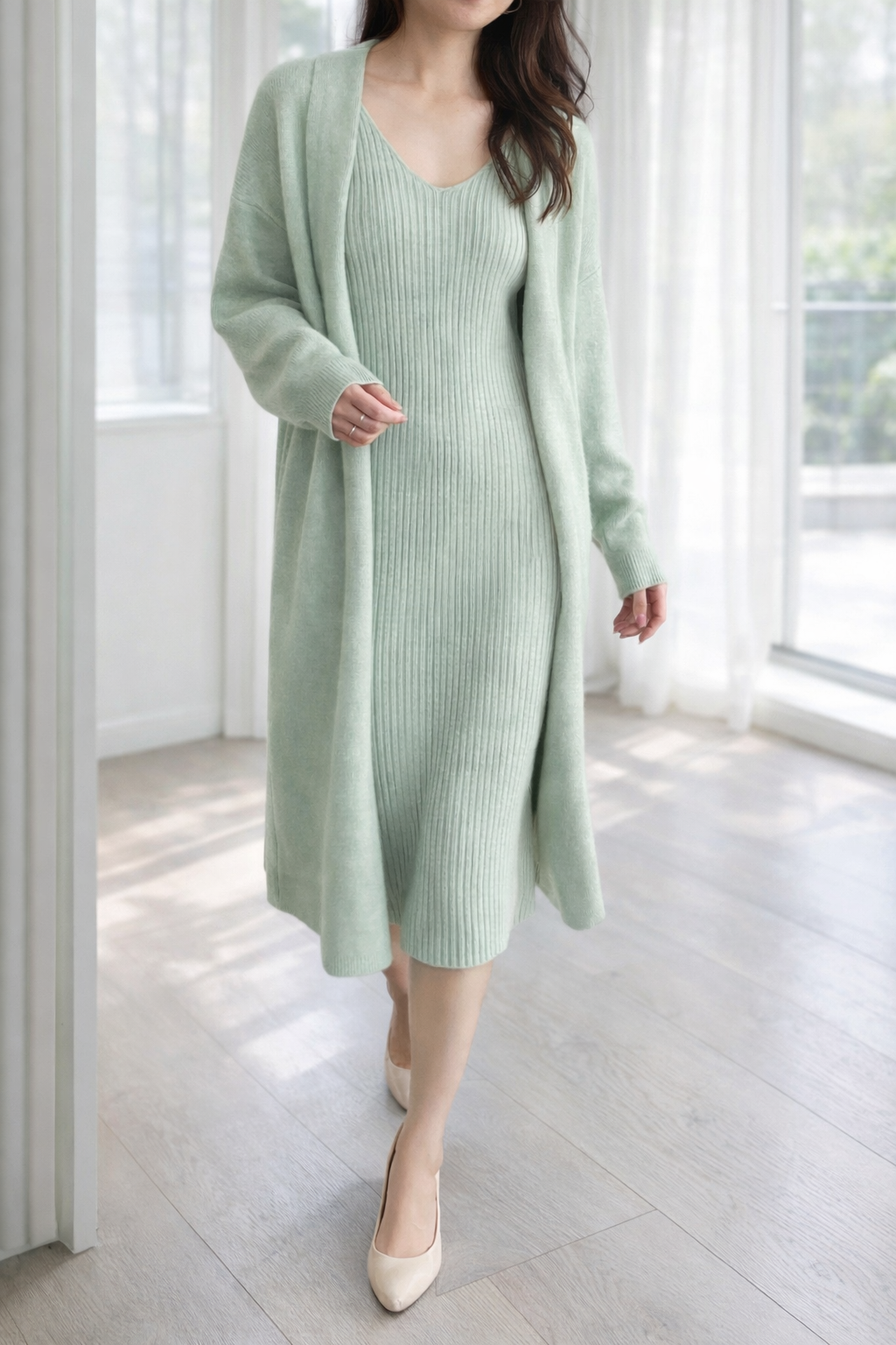 リブニットワンピース × ロングカーディガン セット