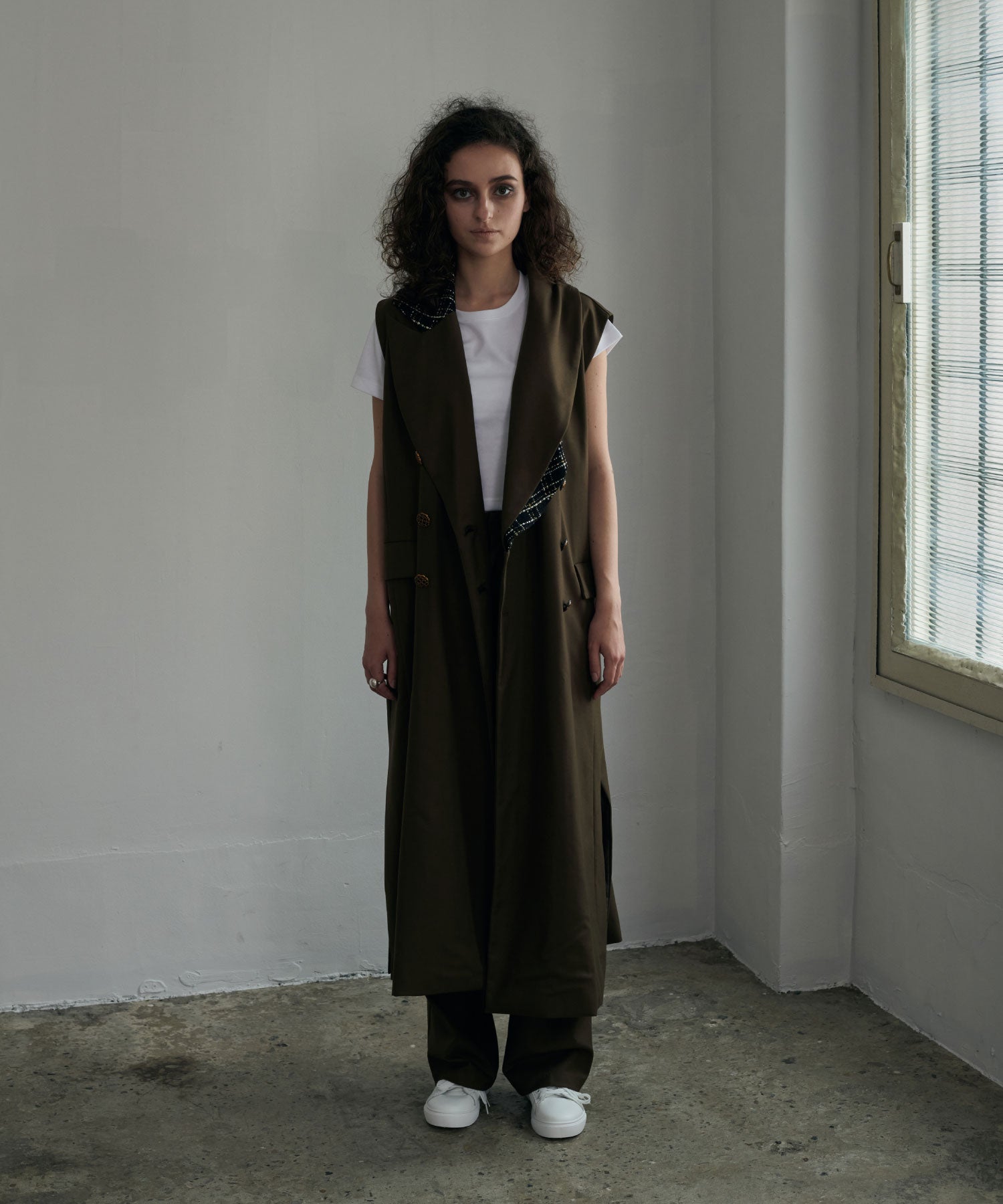 アシンメトリー ロングベスト(チェーンディテール)/Tweed Switching Vest