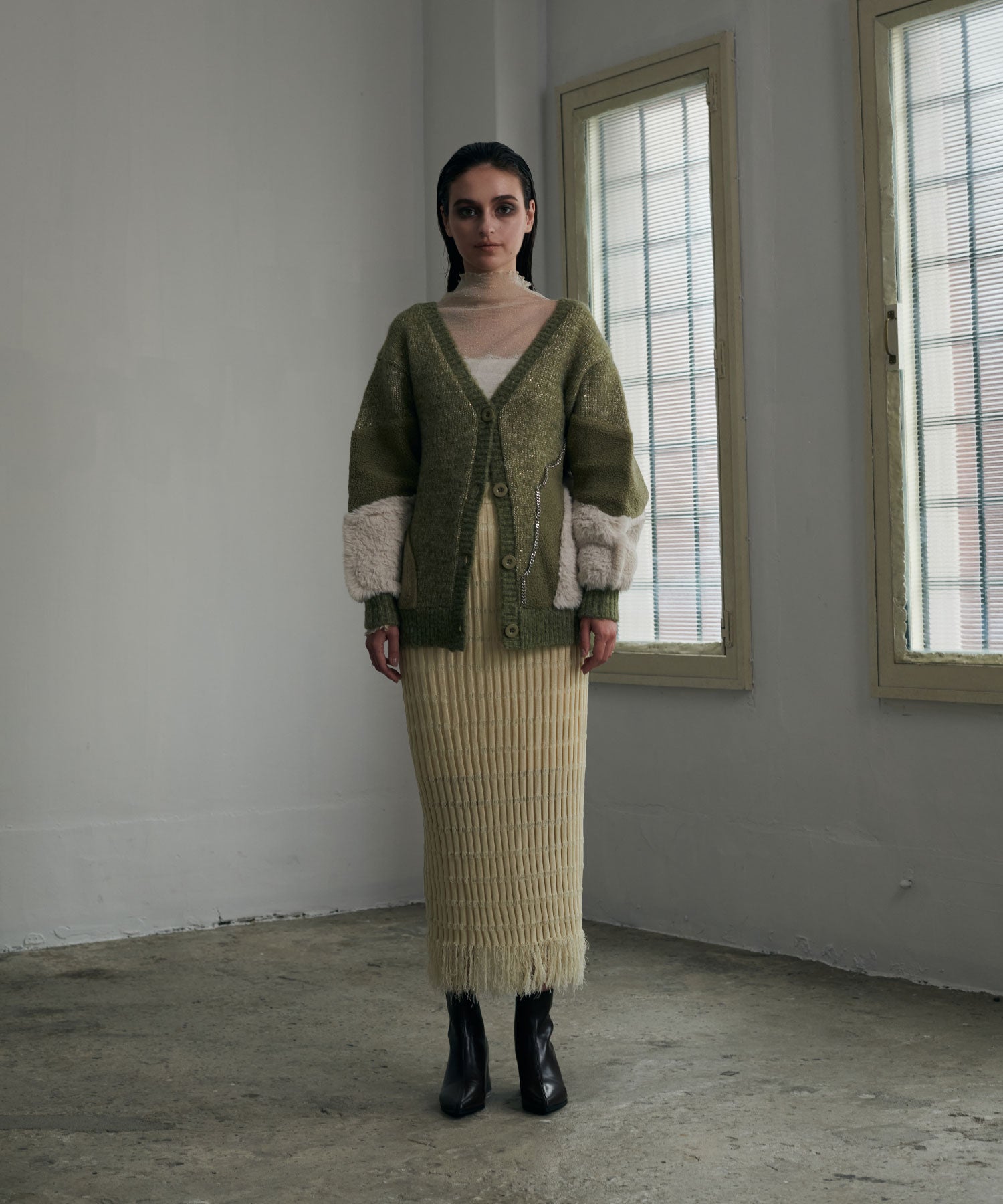 異素材切替チェーンカーディガン/ Material Switching Chain Cardigan