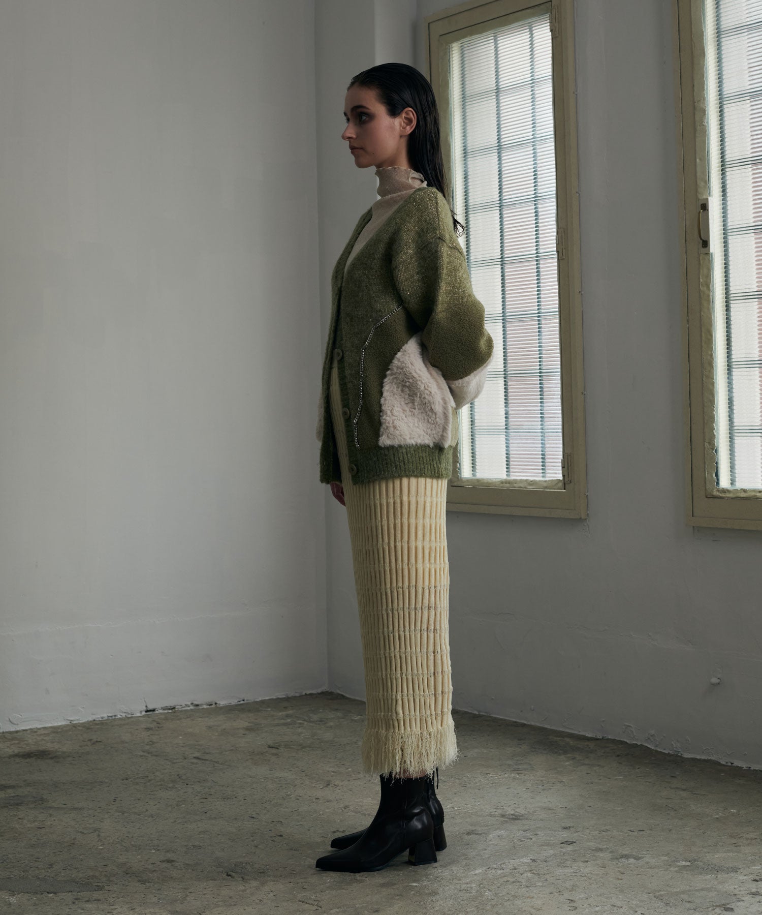 異素材切替チェーンカーディガン/ Material Switching Chain Cardigan