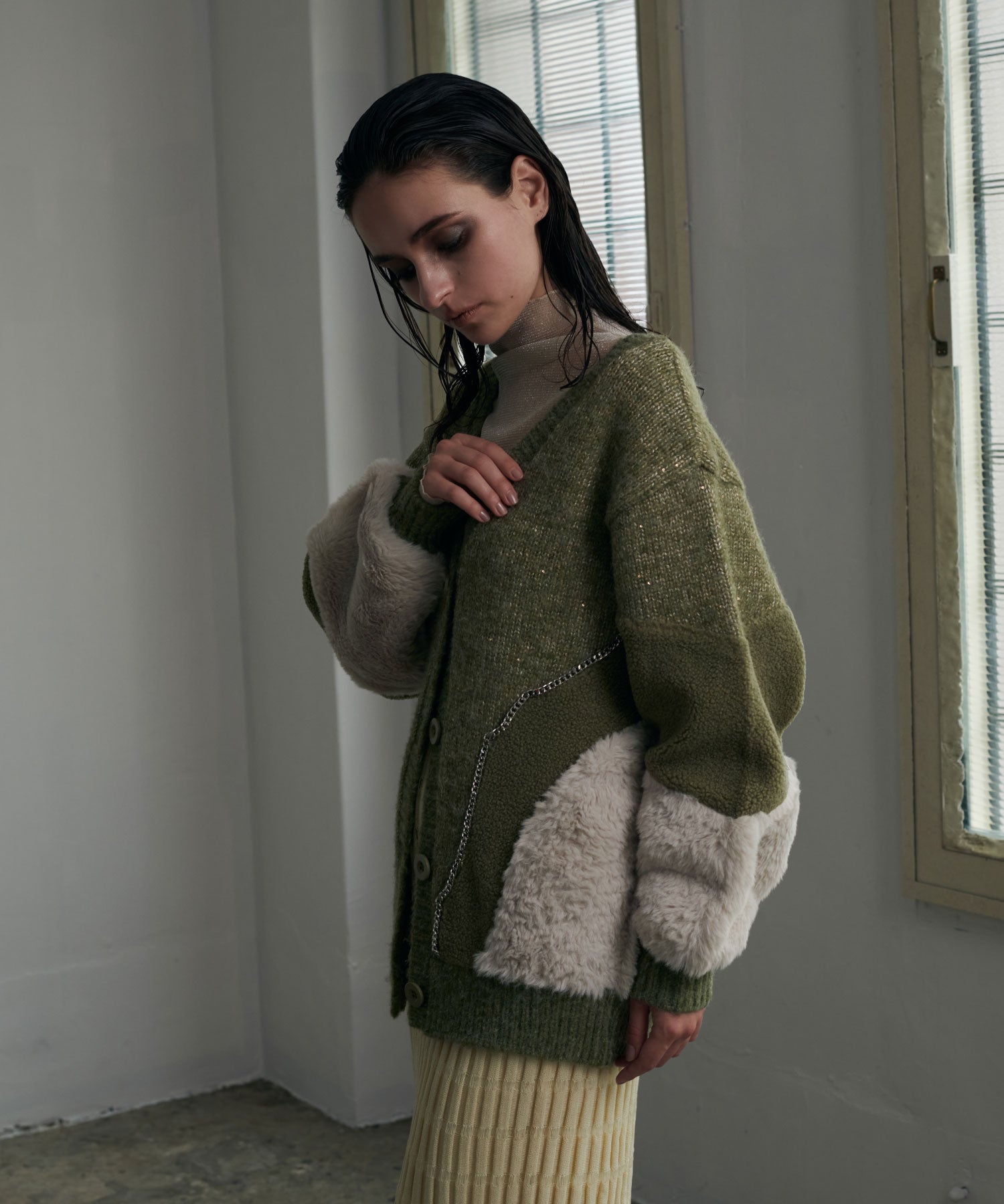 異素材切替チェーンカーディガン/ Material Switching Chain Cardigan