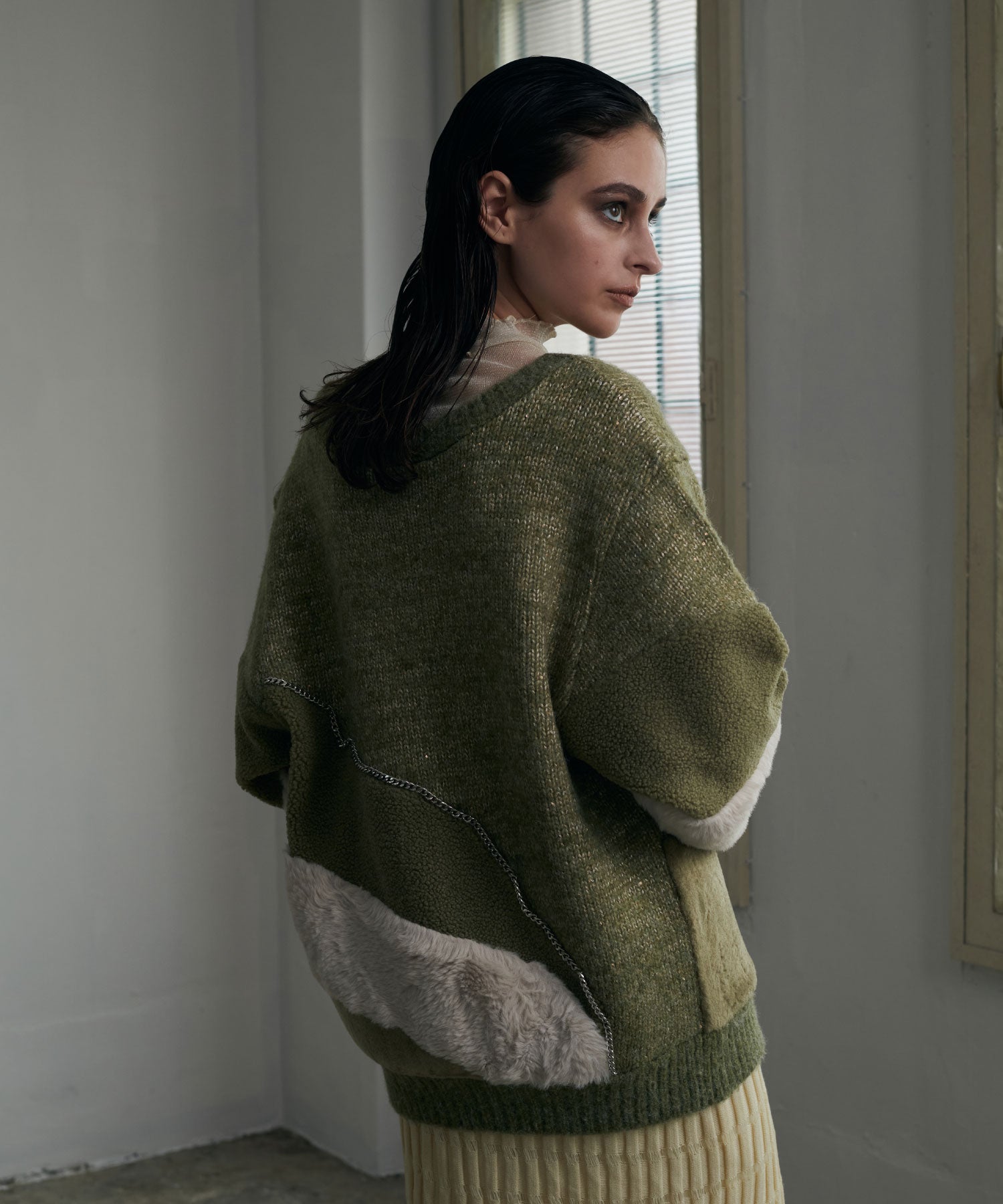 異素材切替チェーンカーディガン/ Material Switching Chain Cardigan