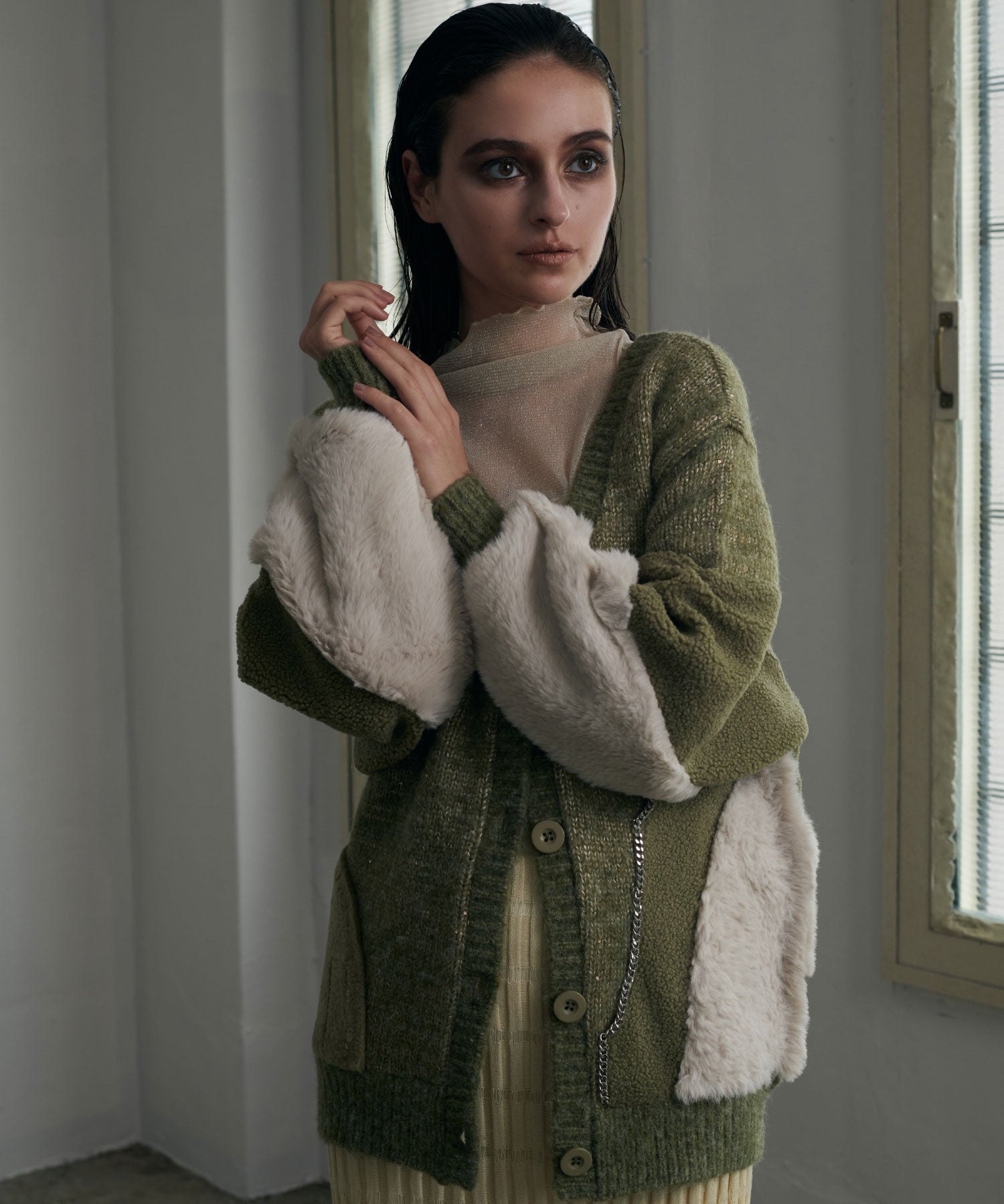 異素材切替チェーンカーディガン/ Material Switching Chain Cardigan