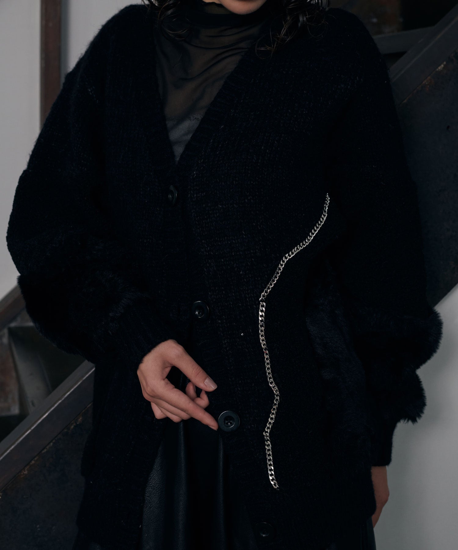 異素材切替チェーンカーディガン/ Material Switching Chain Cardigan