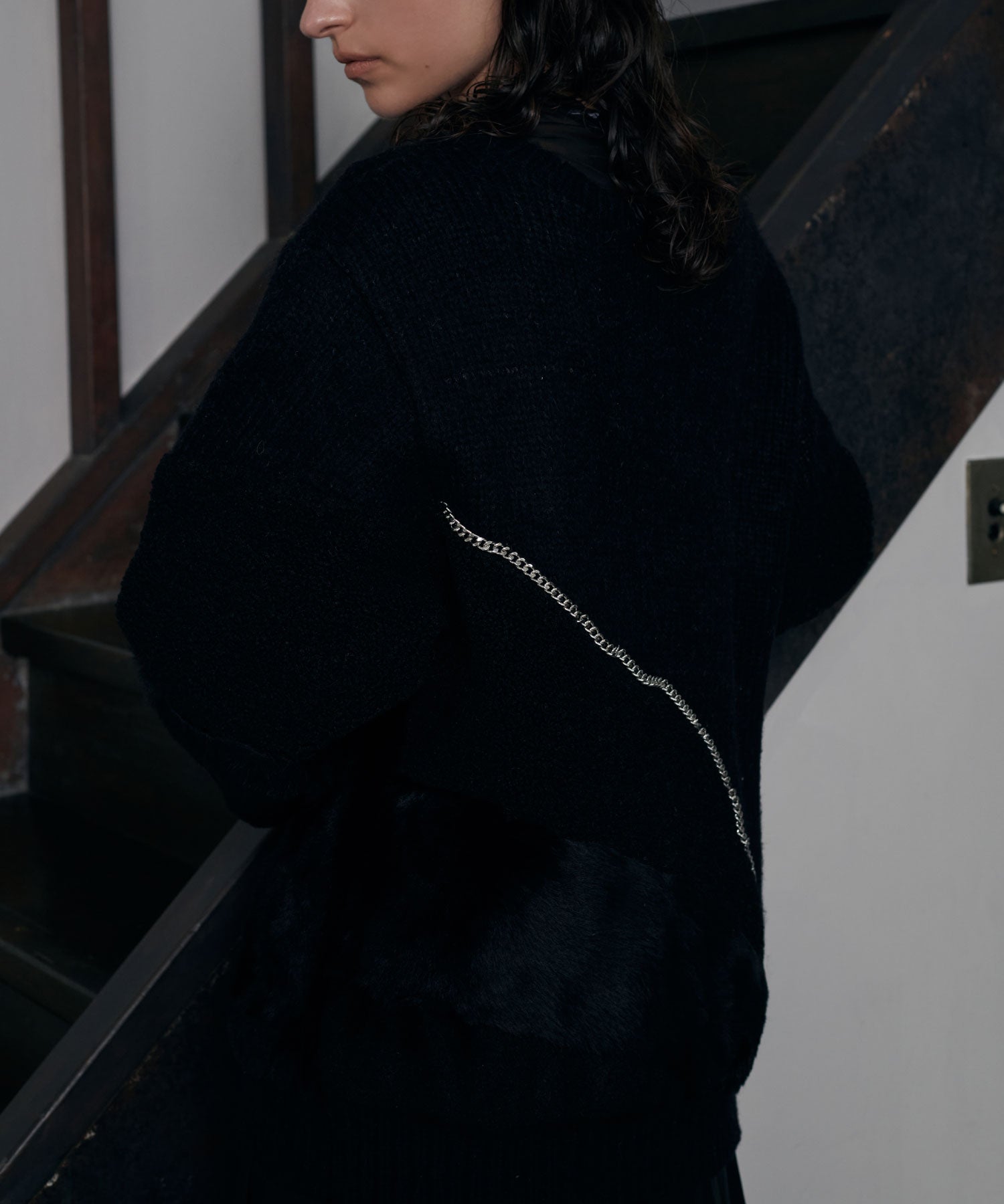 異素材切替チェーンカーディガン/ Material Switching Chain Cardigan