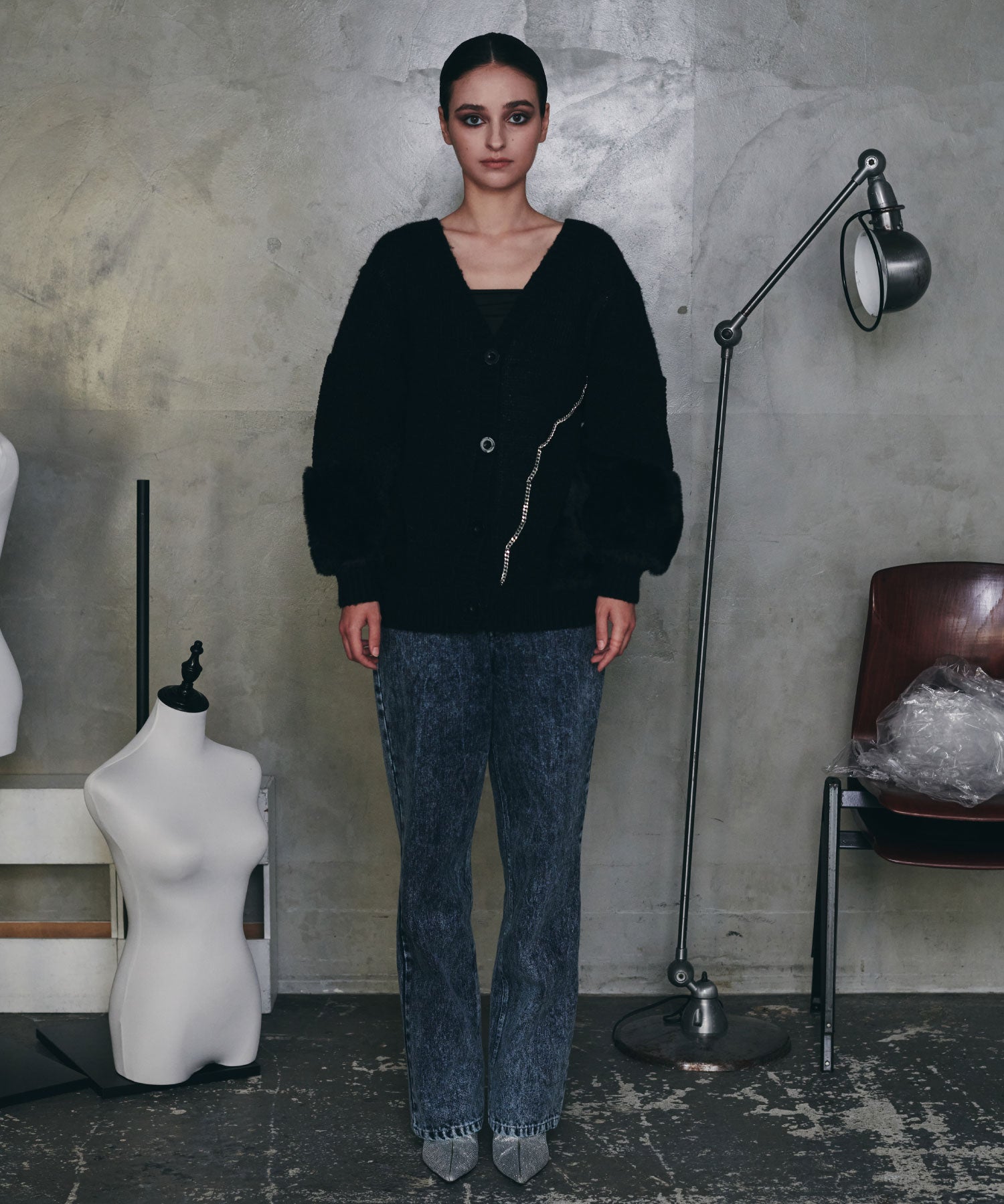 異素材切替チェーンカーディガン/ Material Switching Chain Cardigan