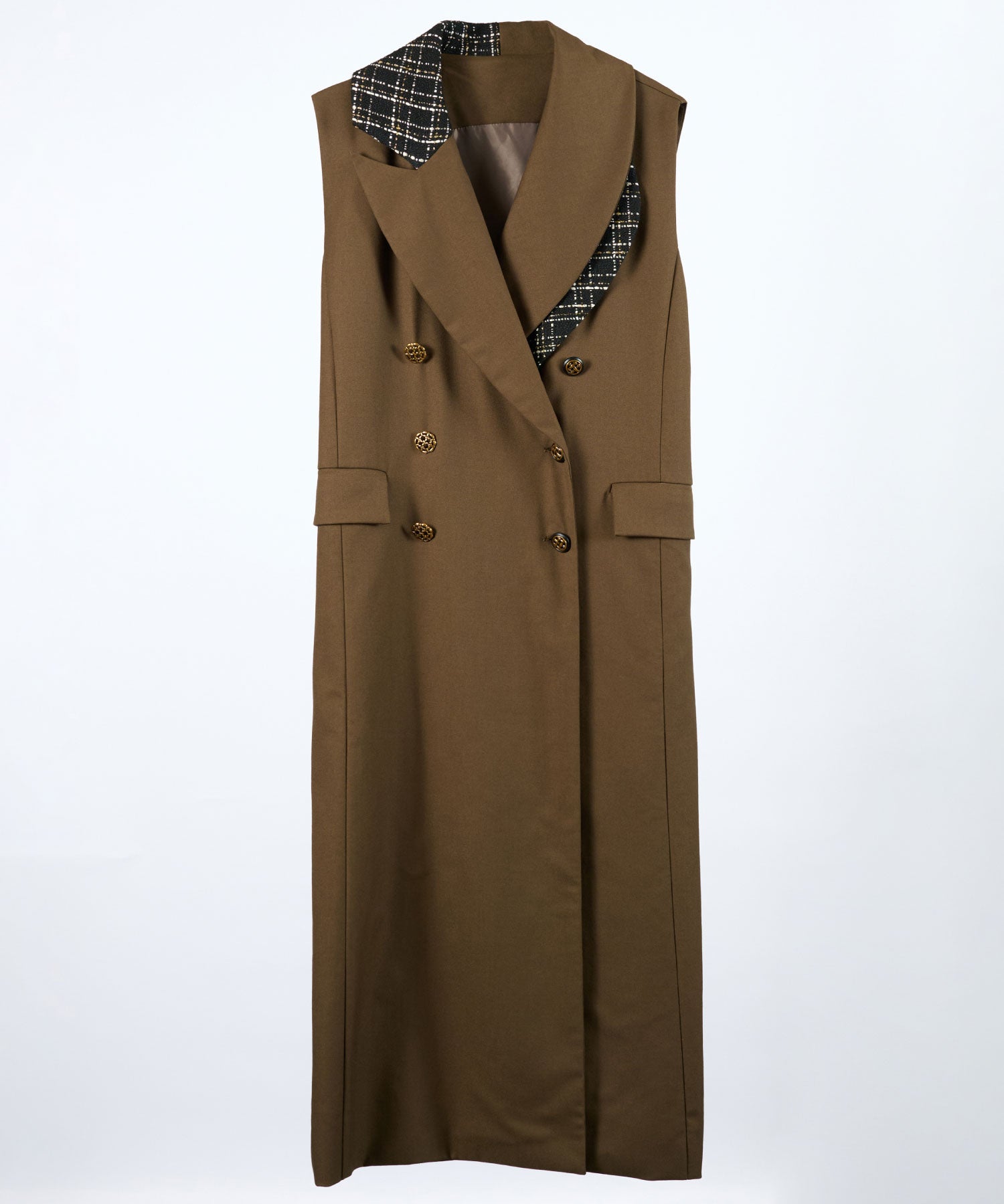 アシンメトリー ロングベスト(チェーンディテール)/Tweed Switching Vest