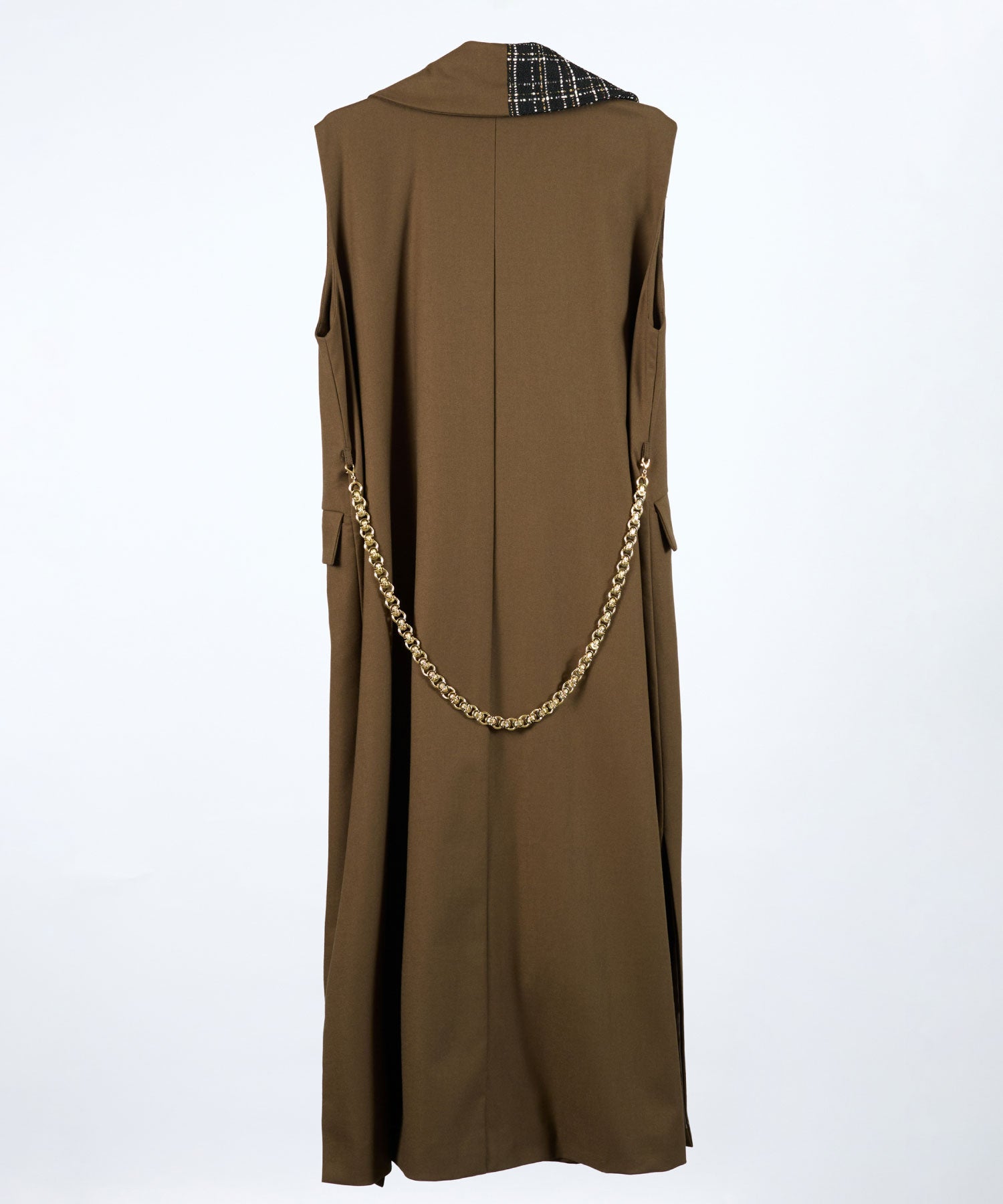 アシンメトリー ロングベスト(チェーンディテール)/Tweed Switching Vest