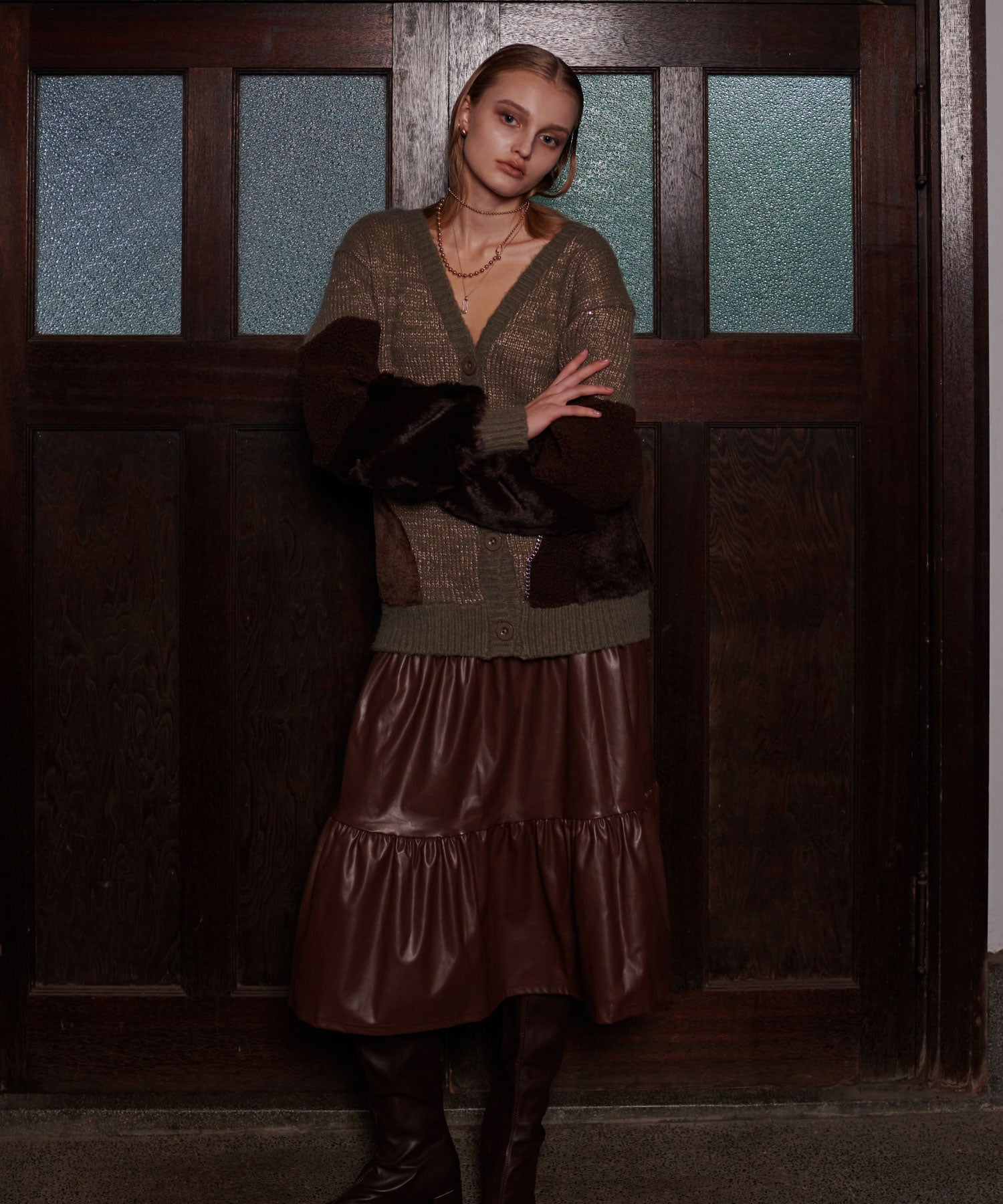 異素材切替チェーンカーディガン/ Material Switching Chain Cardigan