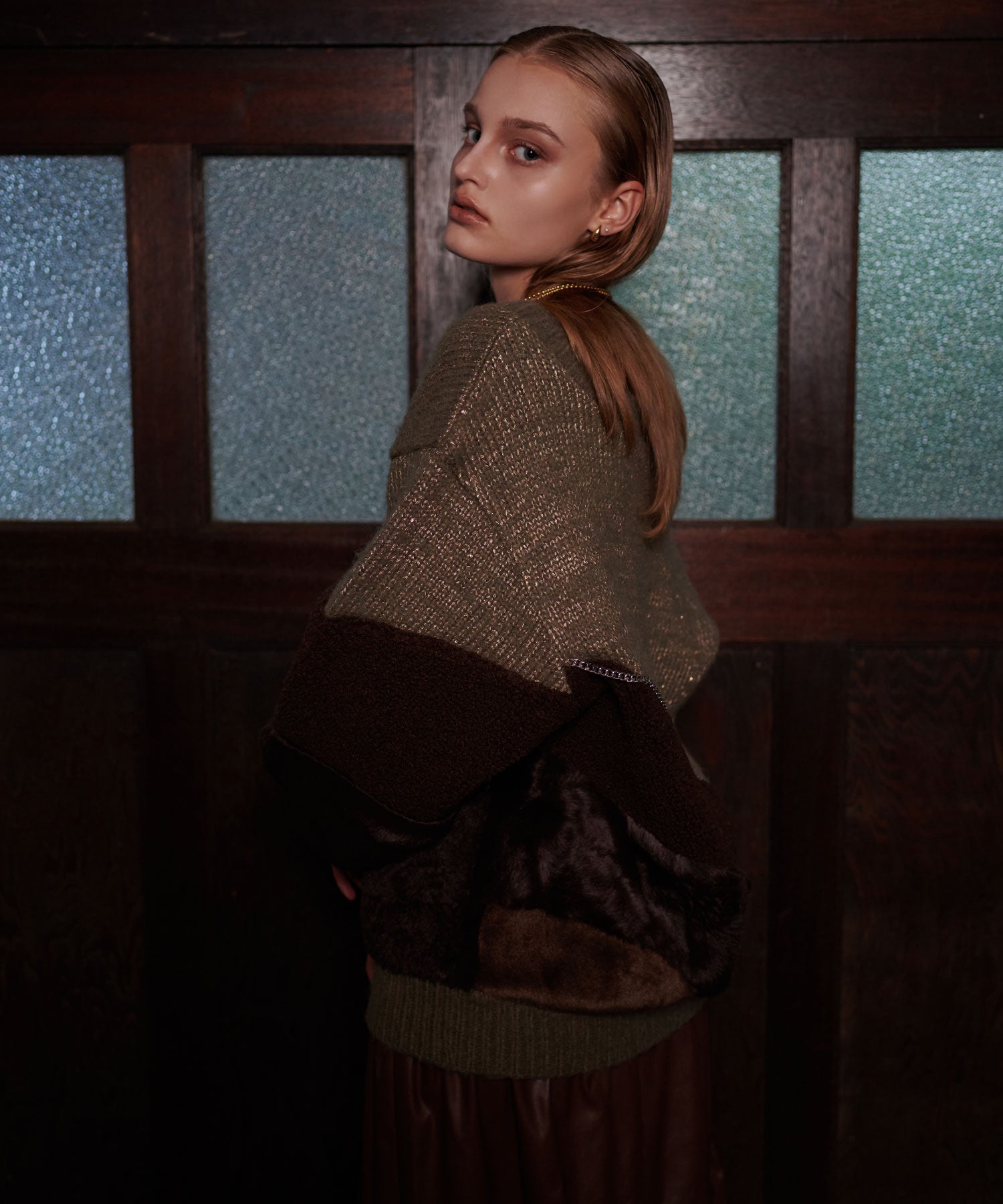 異素材切替チェーンカーディガン/ Material Switching Chain Cardigan