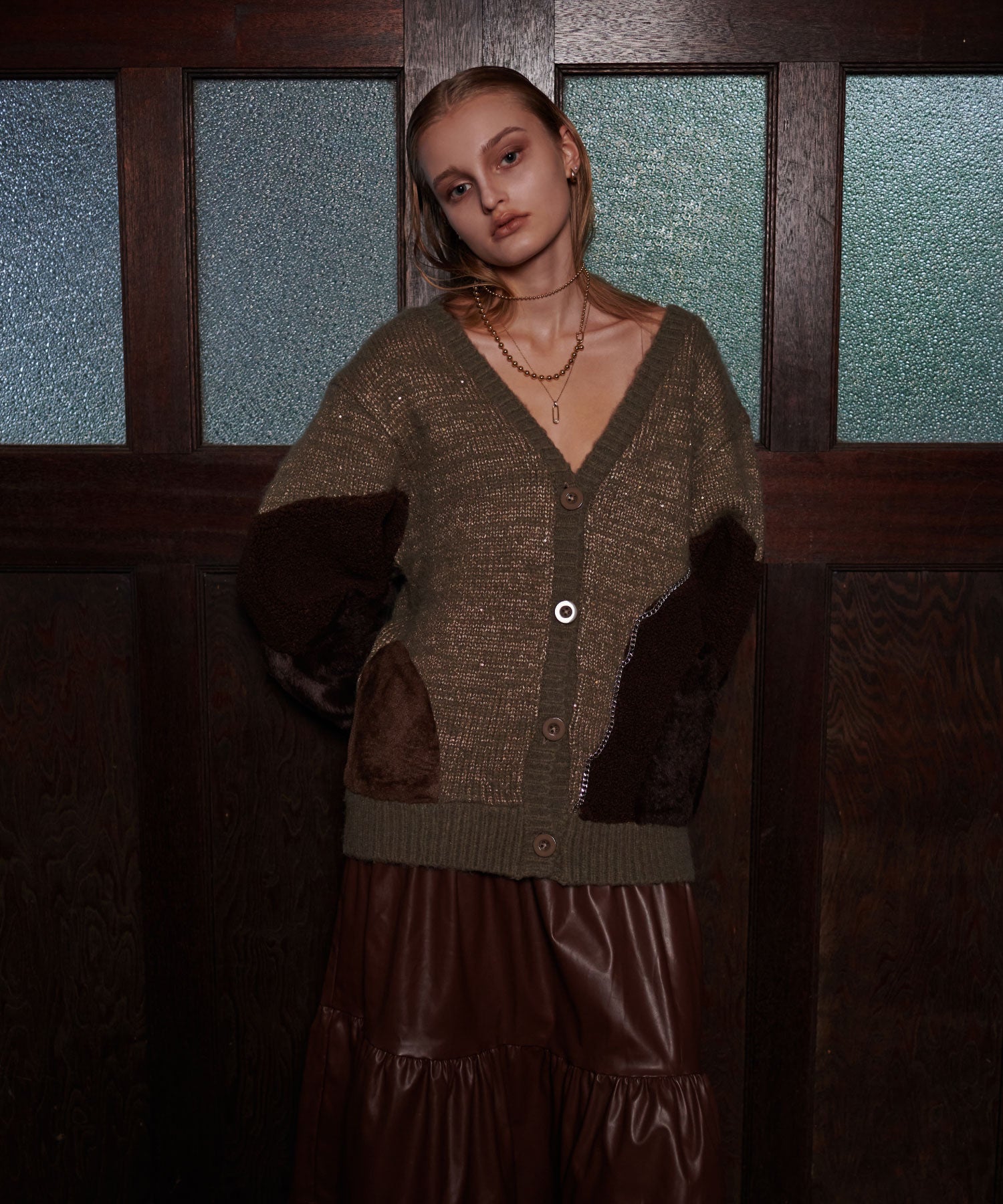 異素材切替チェーンカーディガン/ Material Switching Chain Cardigan