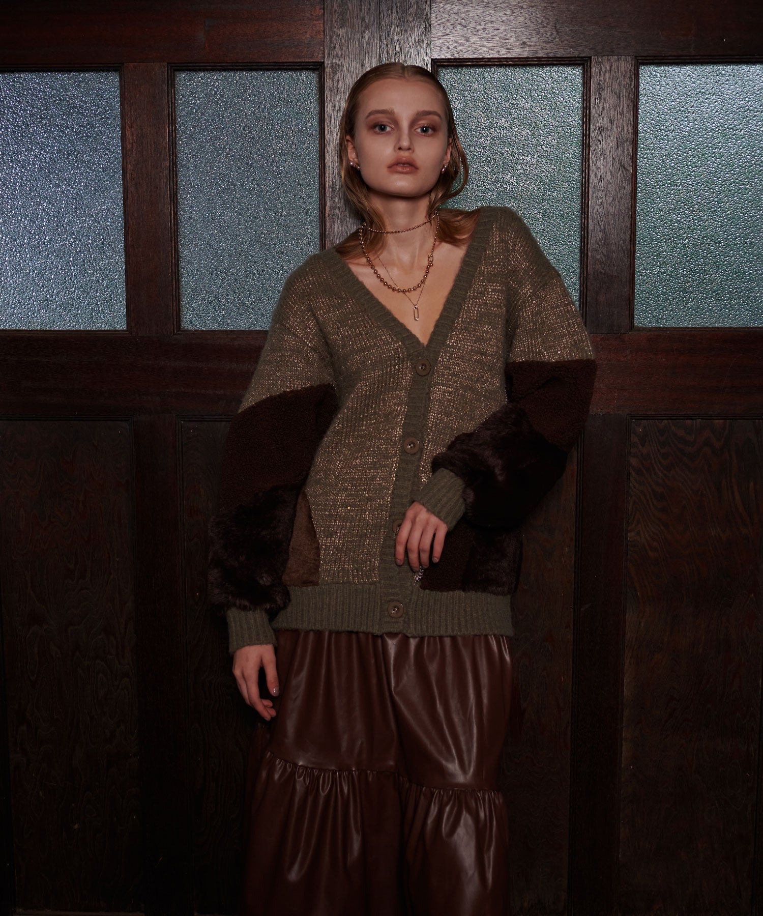 異素材切替チェーンカーディガン/ Material Switching Chain Cardigan