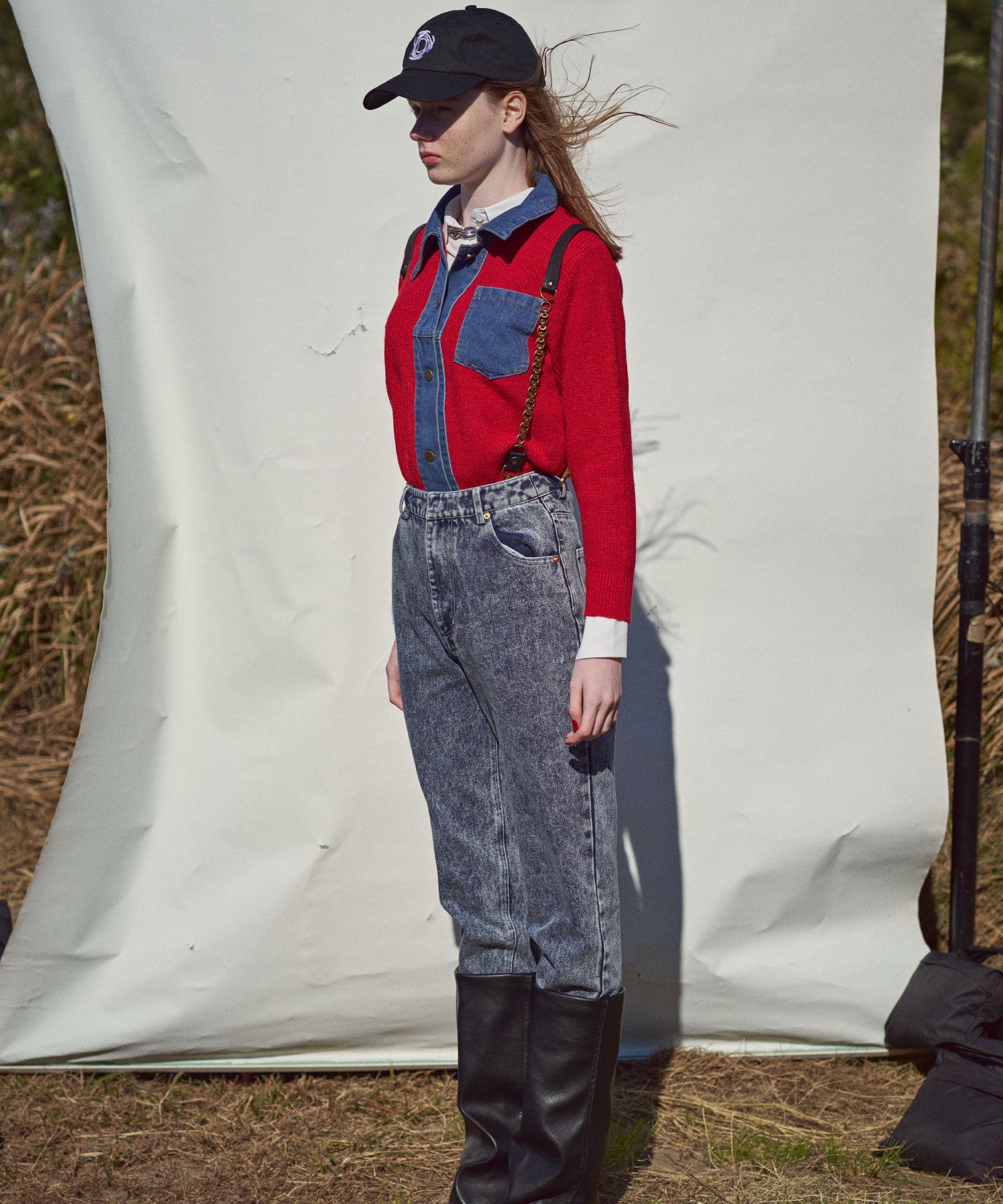 Denim-switch knit shirt