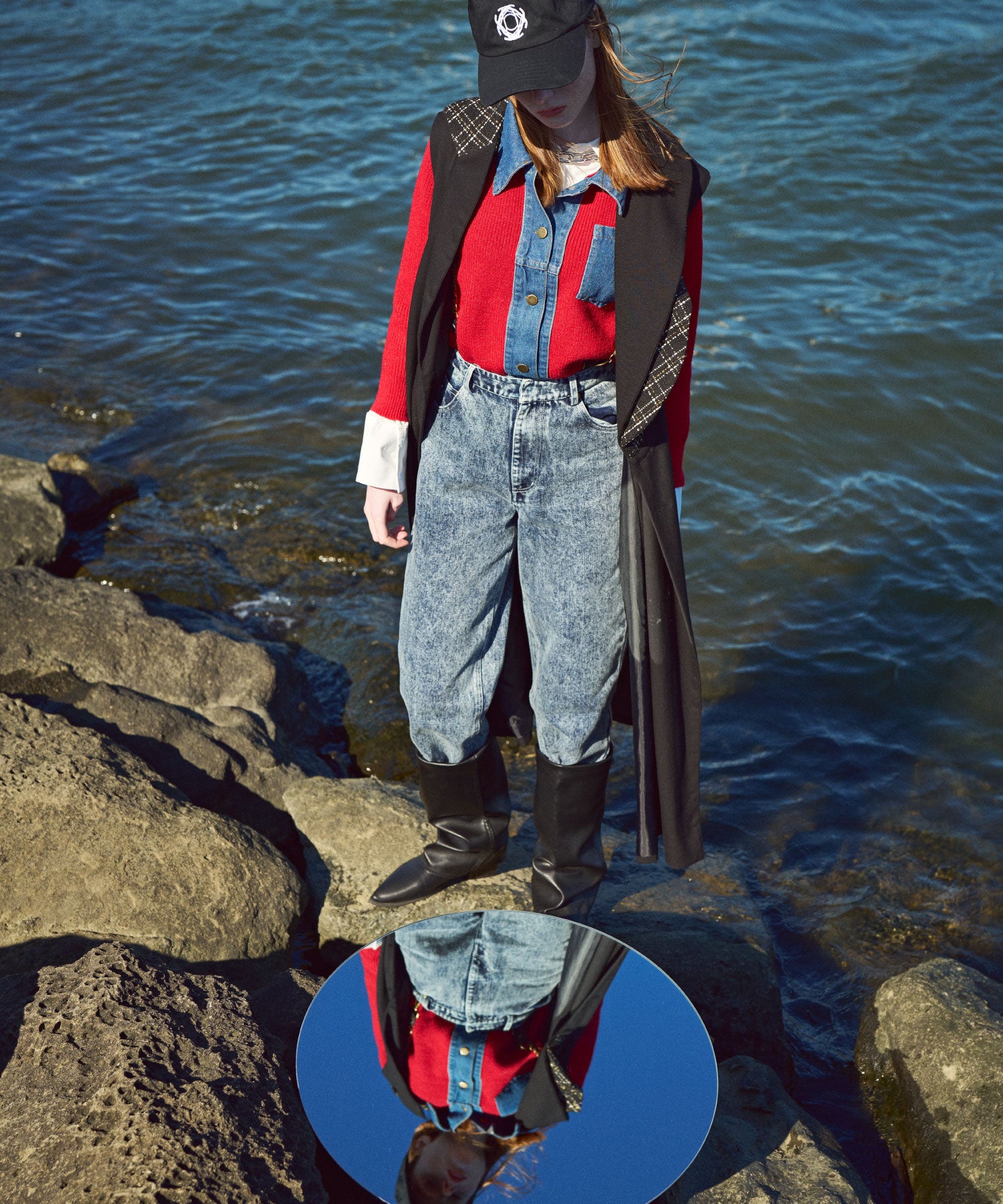 Denim-switch knit shirt