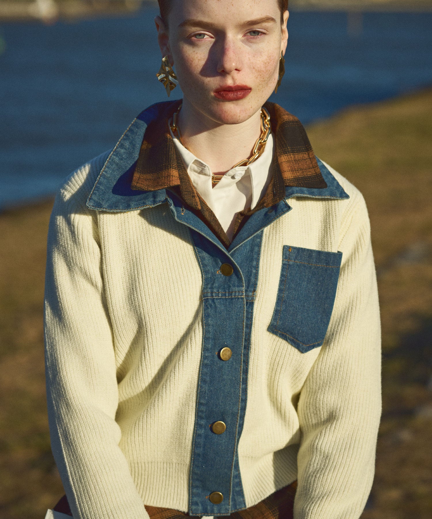 Denim-switch knit shirt