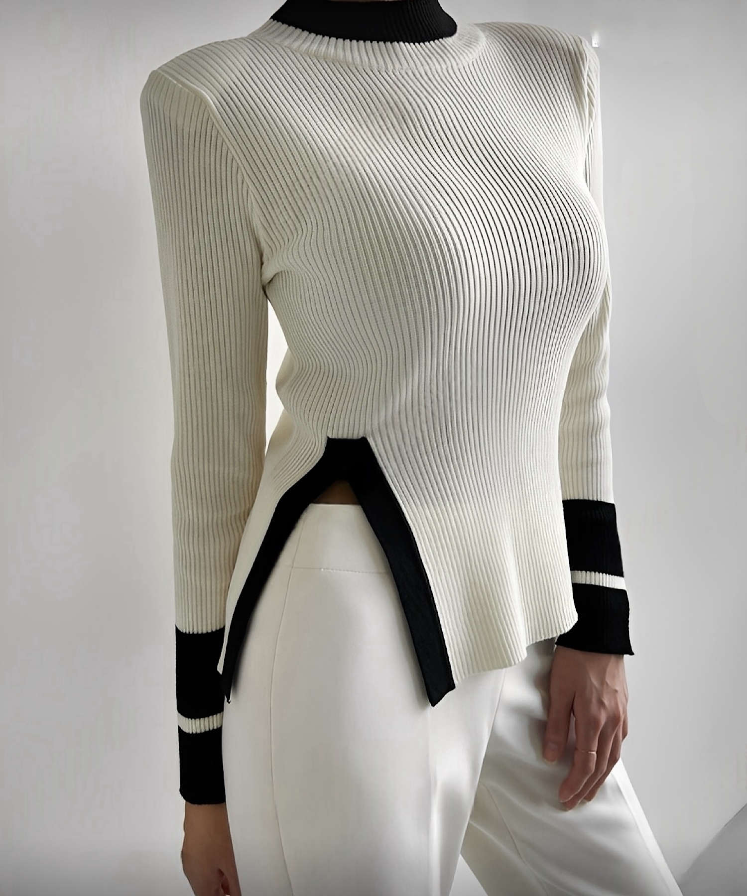 モードバイカラーハイネックトップス