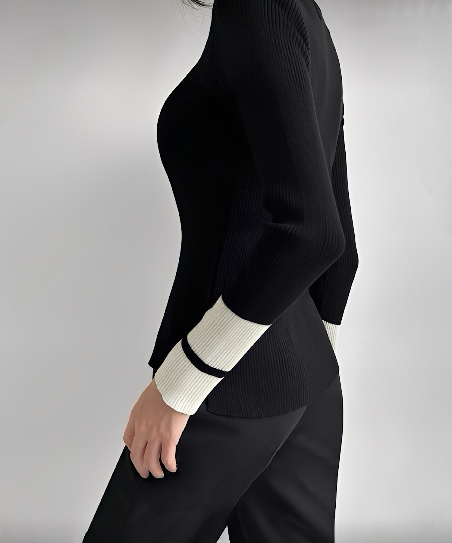 モードバイカラーハイネックトップス