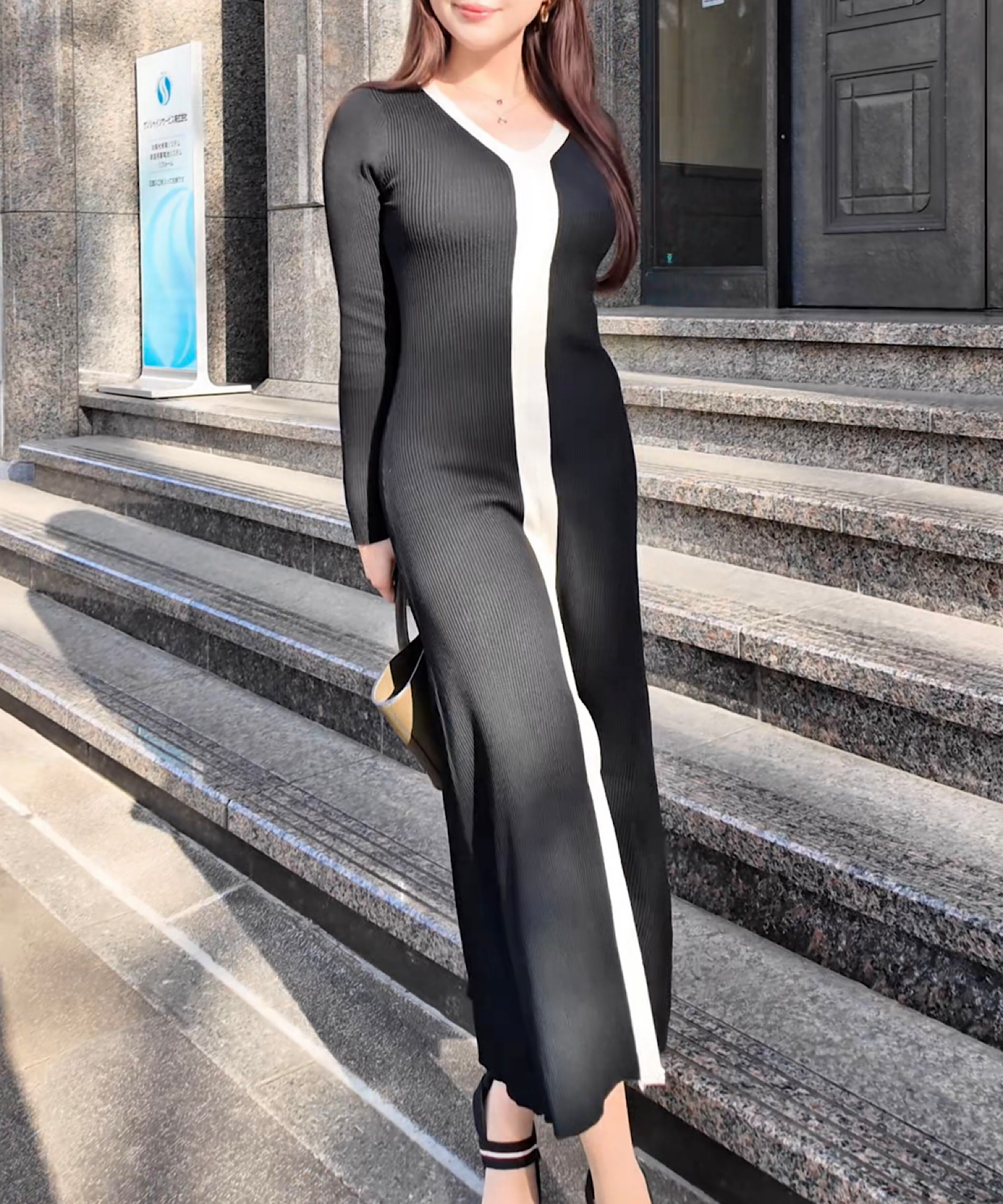 コントラストライン ロングニットワンピース