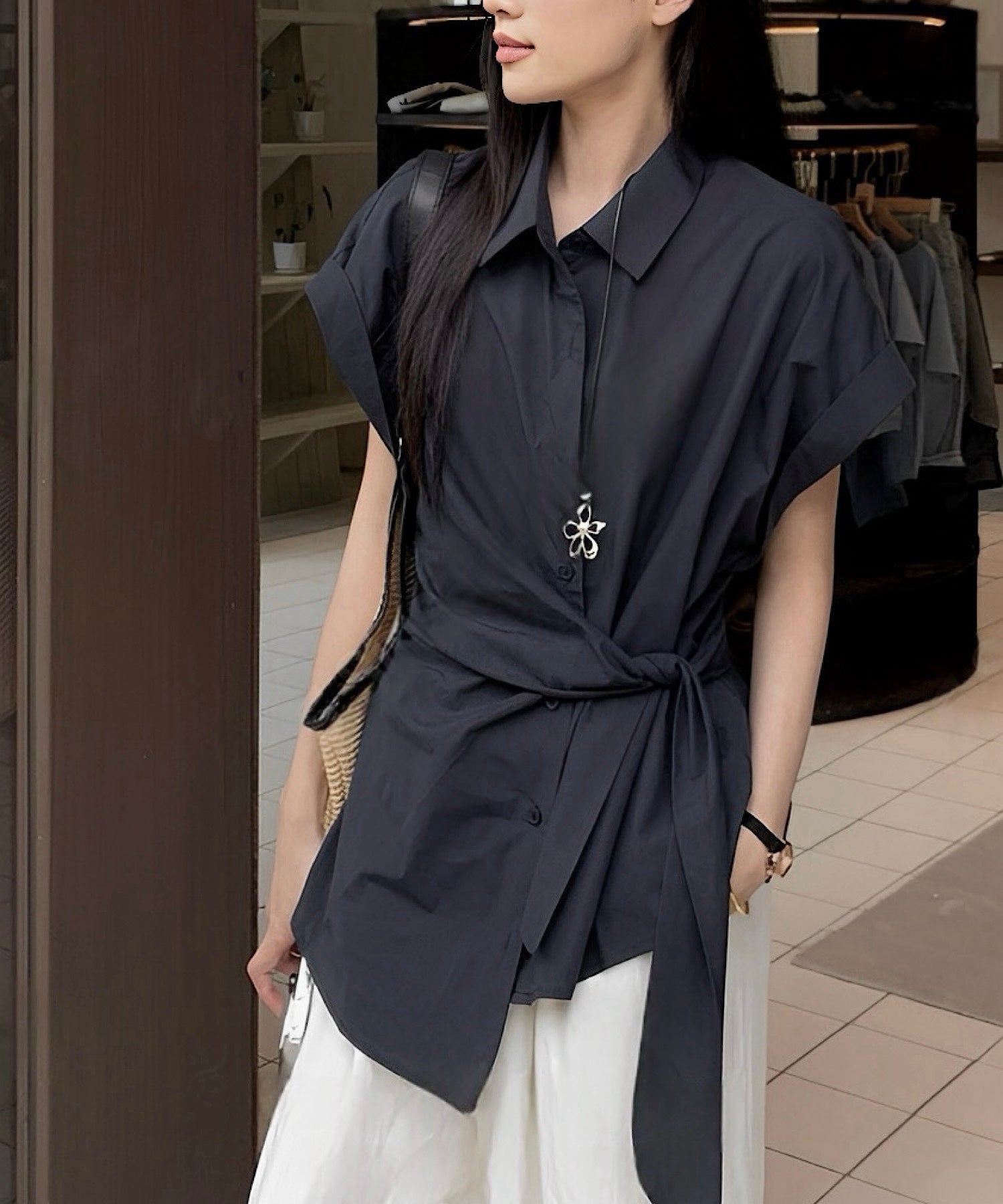 アシメラップ 半袖シャツ(結びディテールでサマになる)/ベリーシルエット