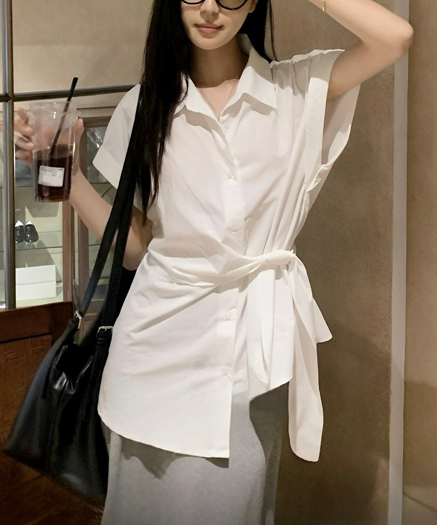 アシメラップ 半袖シャツ(結びディテールでサマになる)/ベリーシルエット