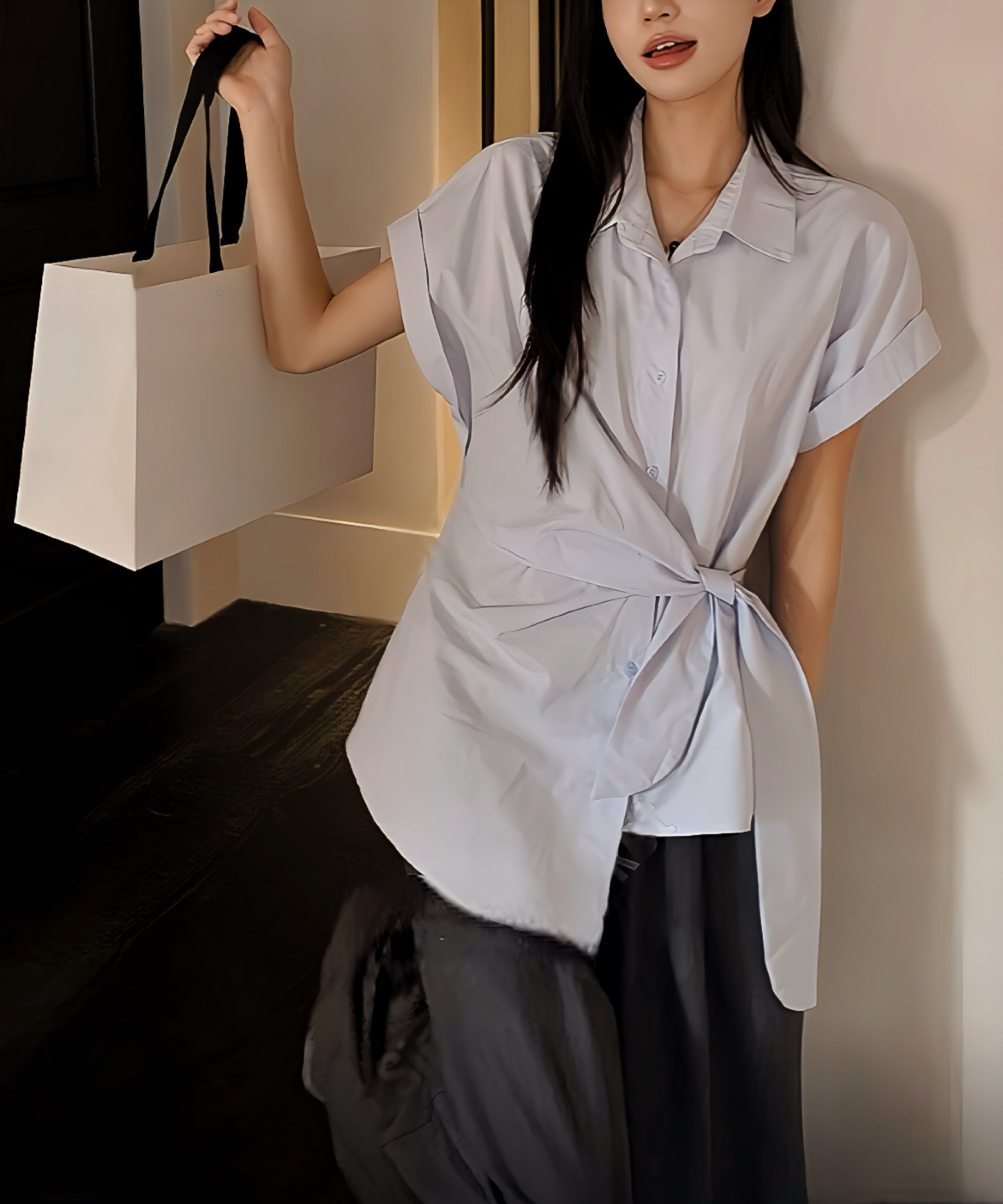 アシメラップ 半袖シャツ(結びディテールでサマになる)/ベリーシルエット