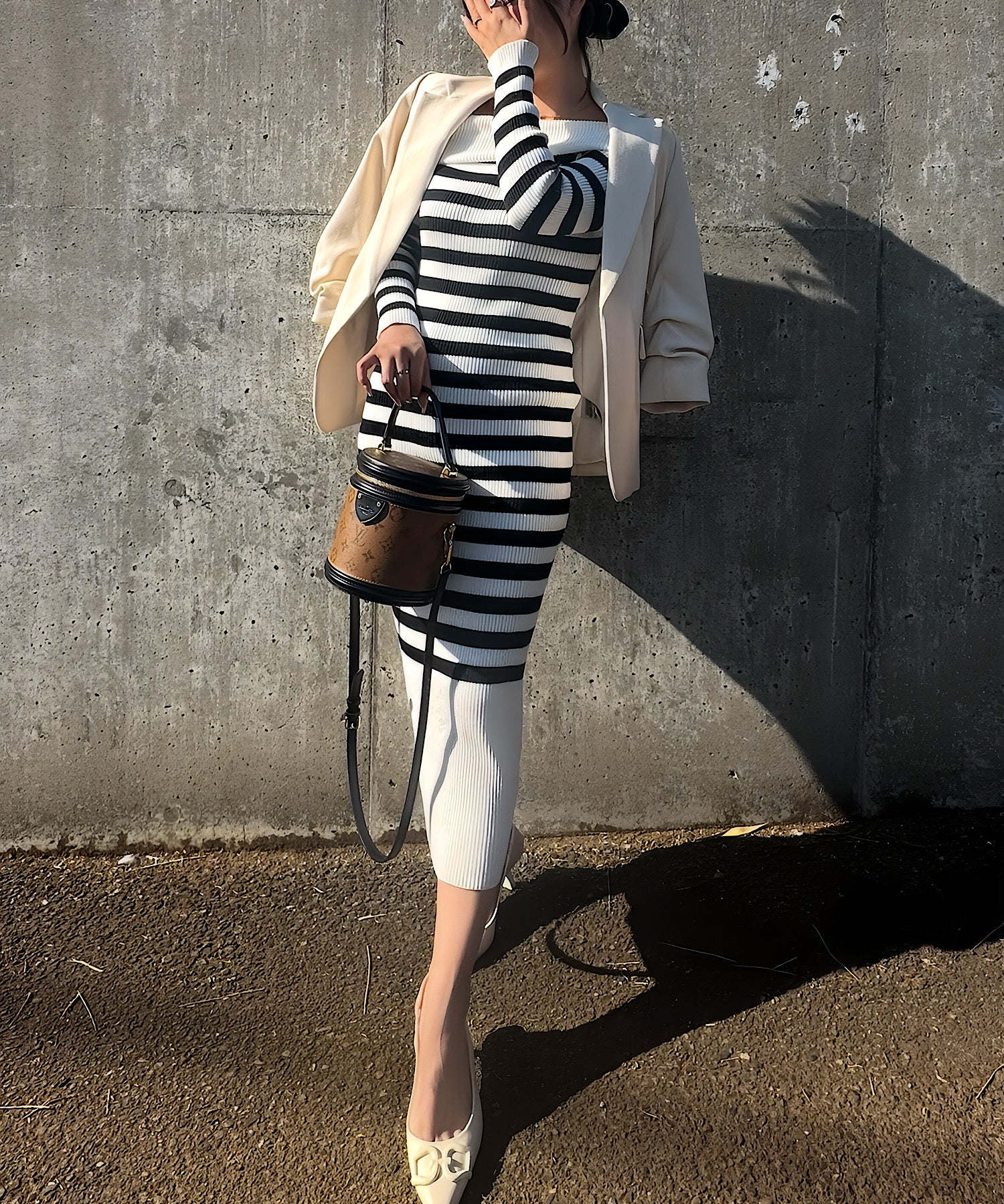 ボーダーオフショルダー ニットワンピース