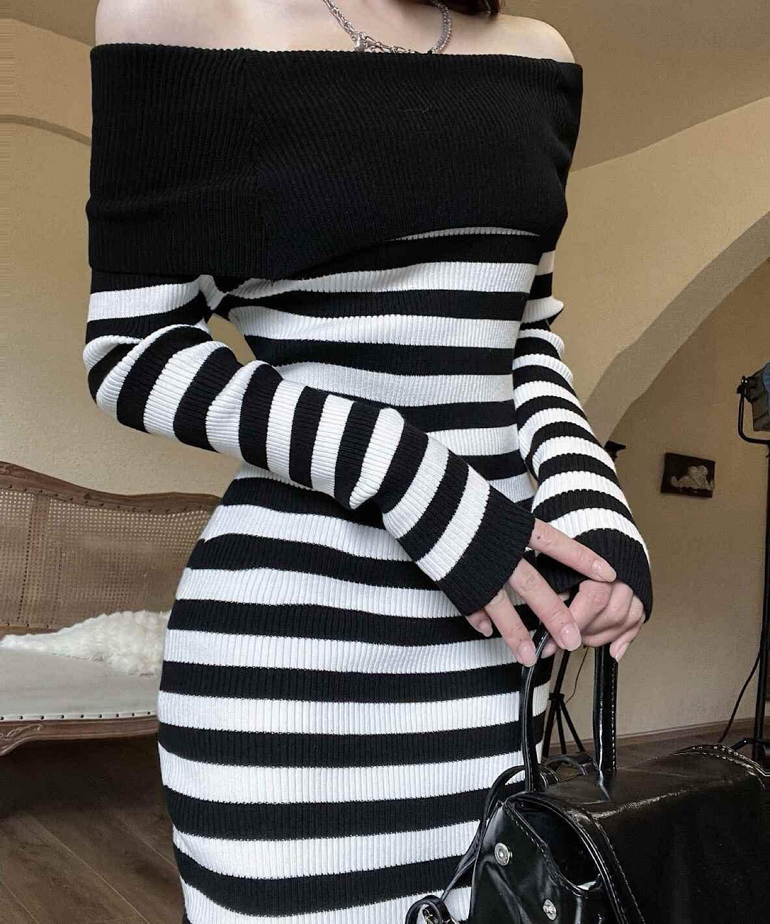 ボーダーオフショルダー ニットワンピース