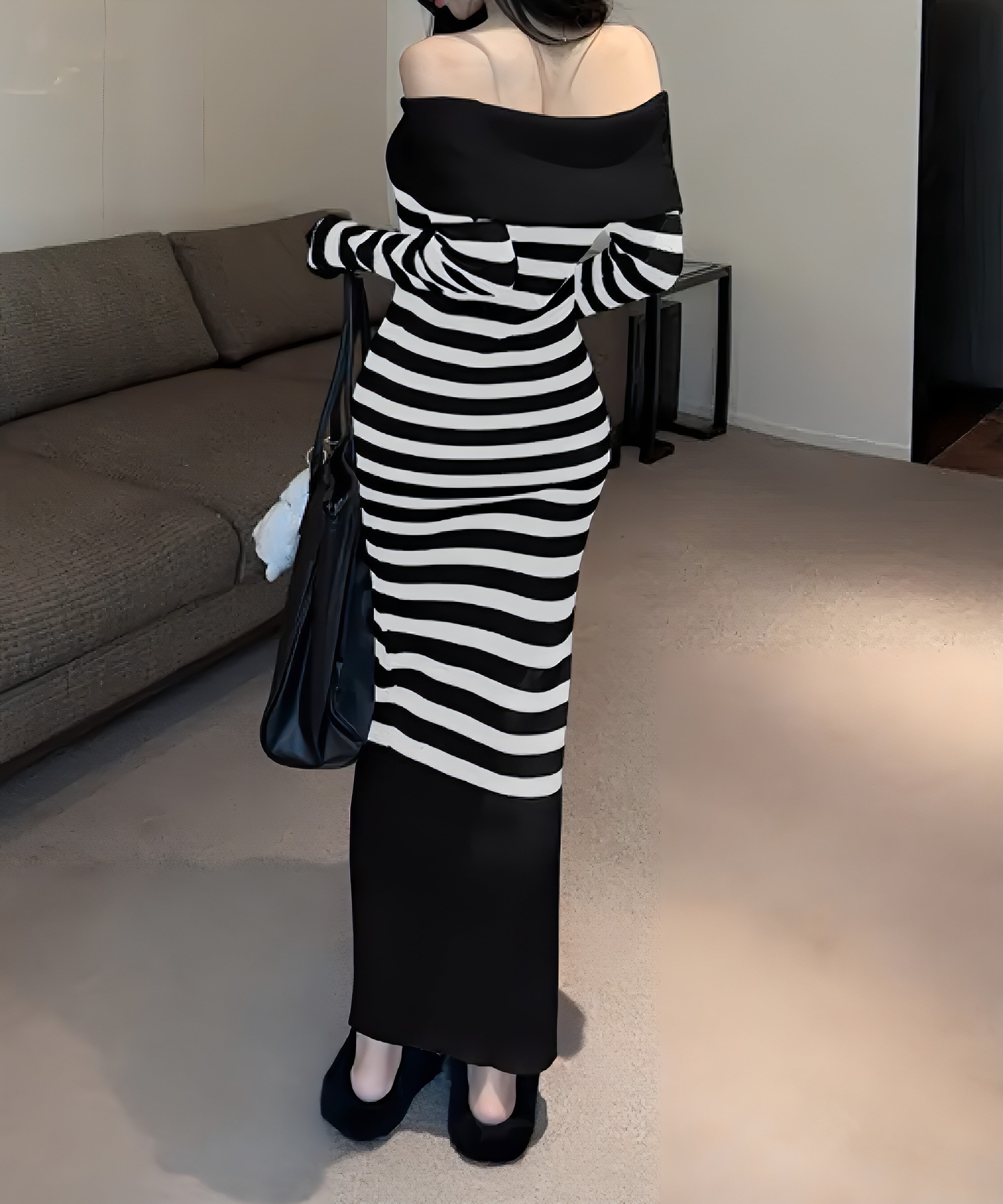 ボーダーオフショルダー ニットワンピース