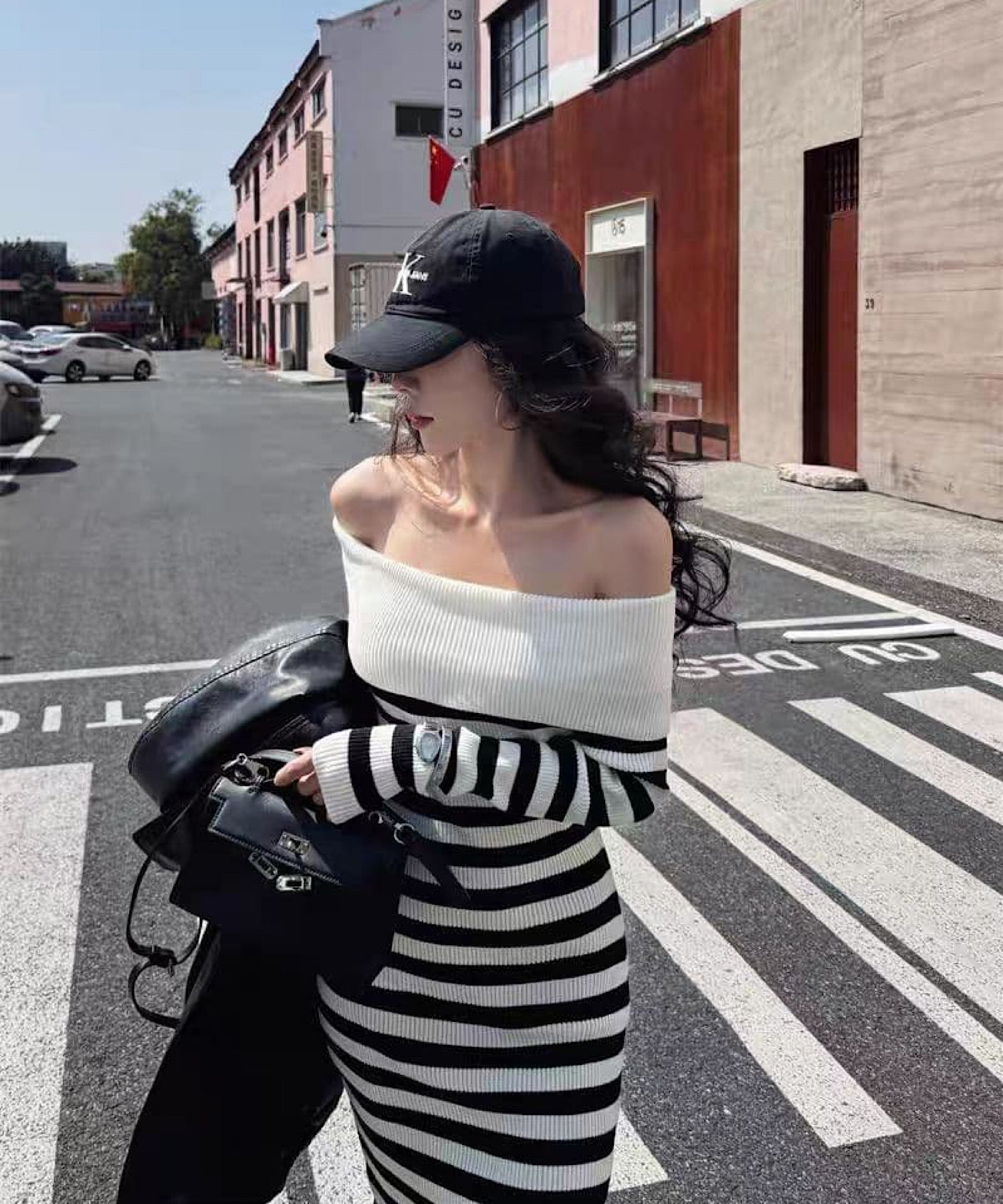 ボーダーオフショルダー ニットワンピース