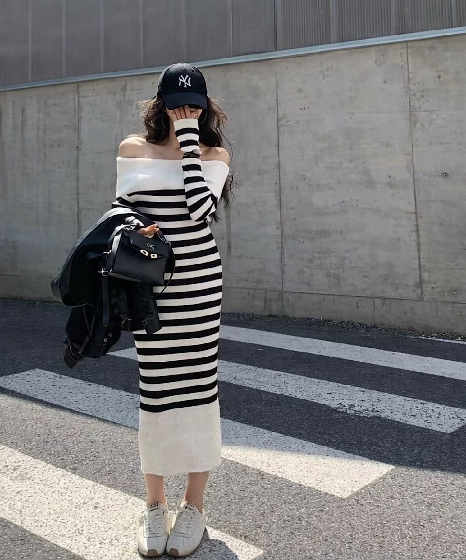 ボーダーオフショルダー ニットワンピース