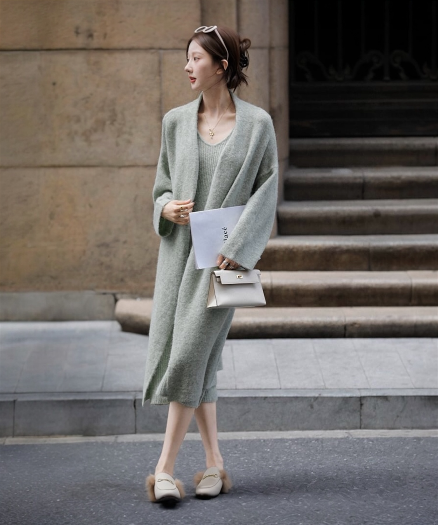 リブニットワンピース × ロングカーディガン セット