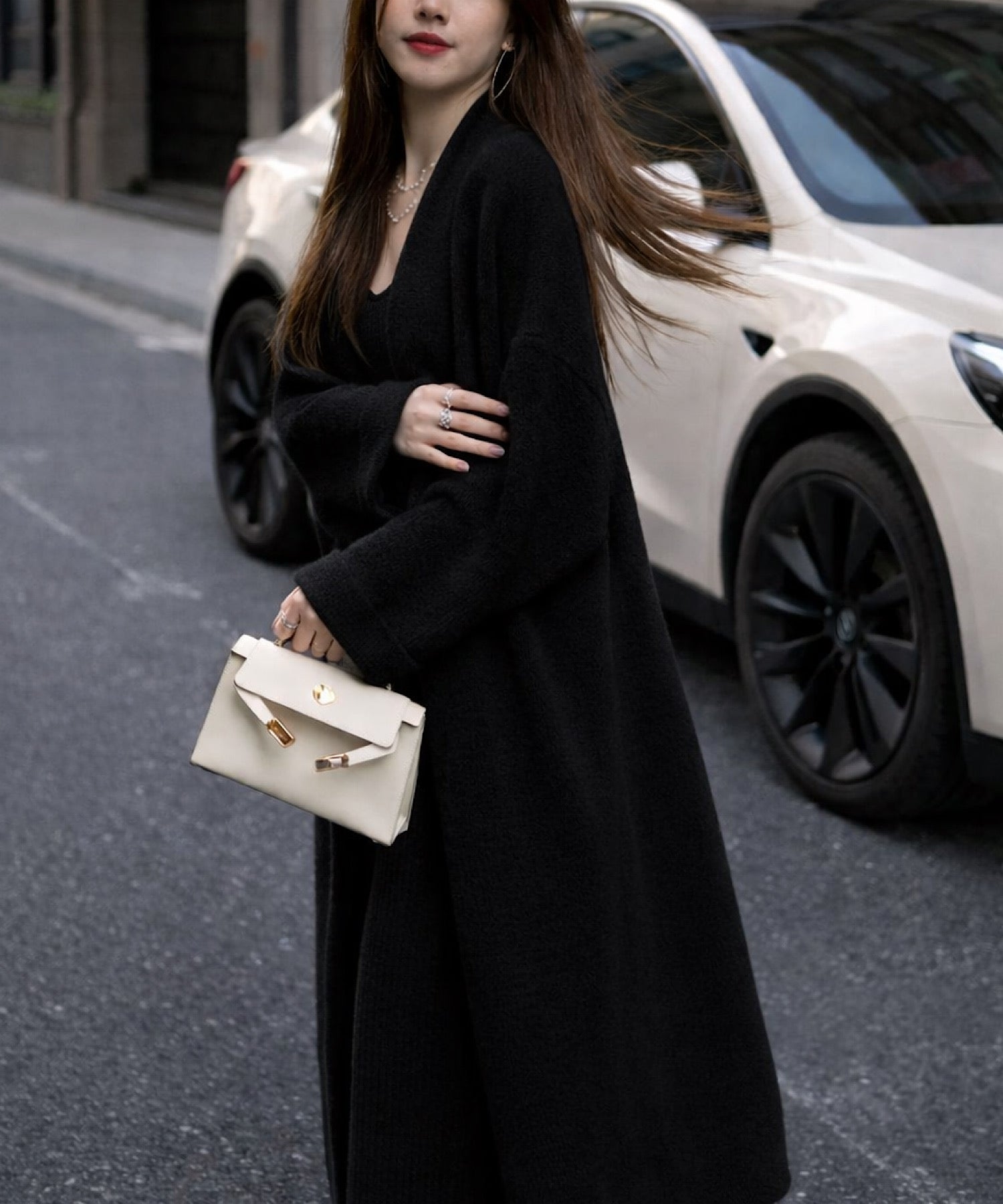 リブニットワンピース × ロングカーディガン セット