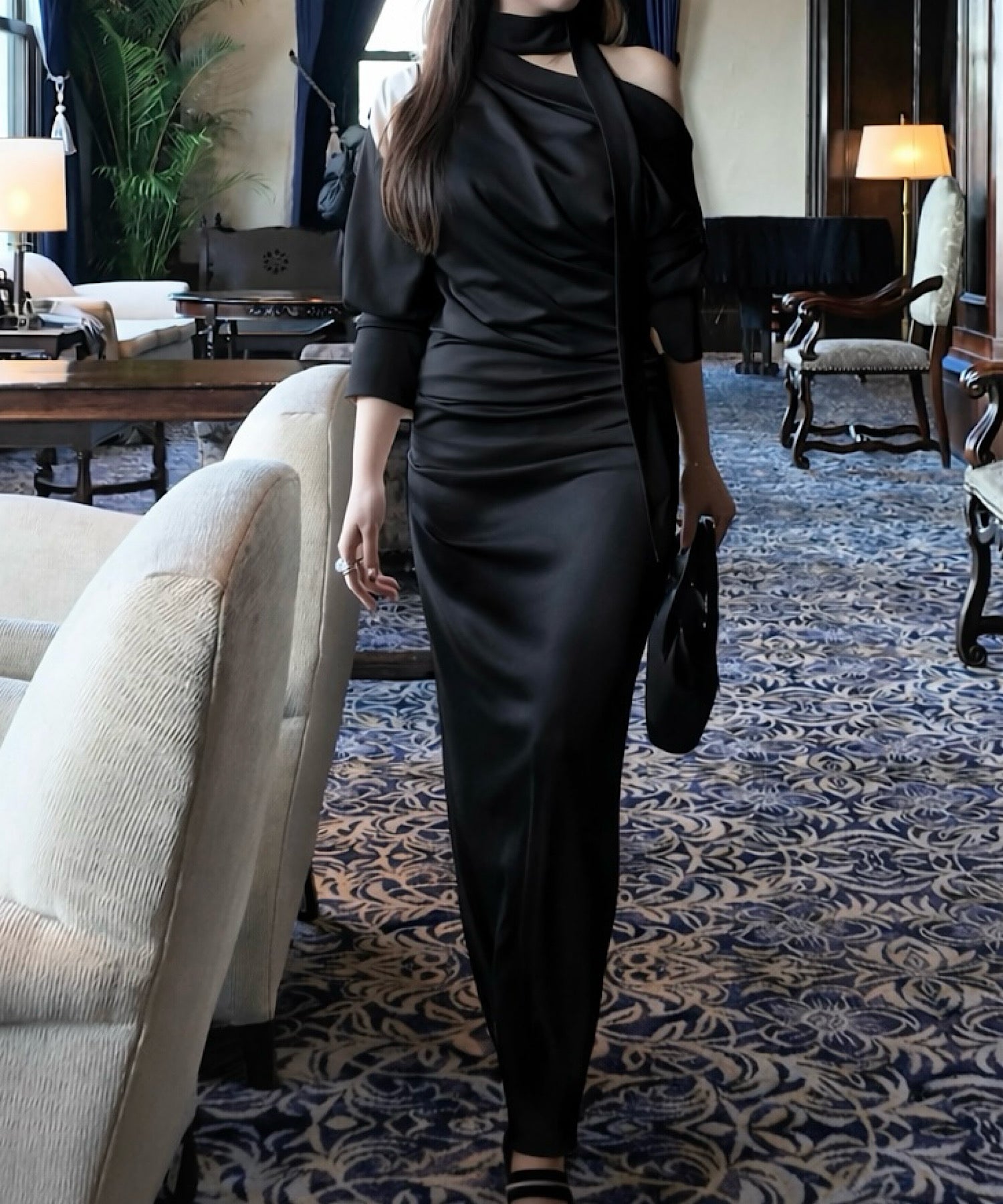 スカーフドレープワンピース/ Scarf Drape Dress – Graceful Off-Shoulder Silhouette