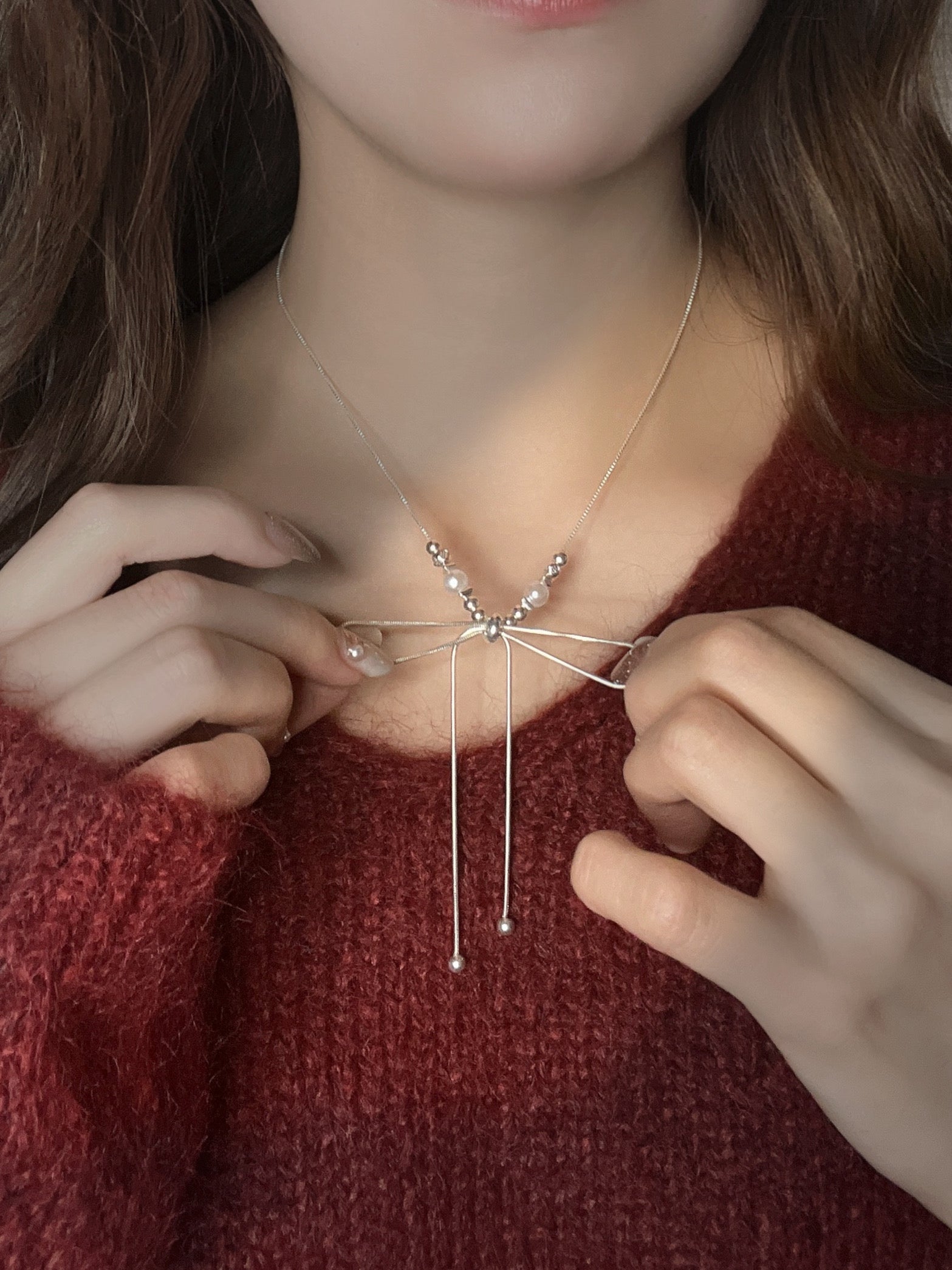 パールリボン結びチョーカー