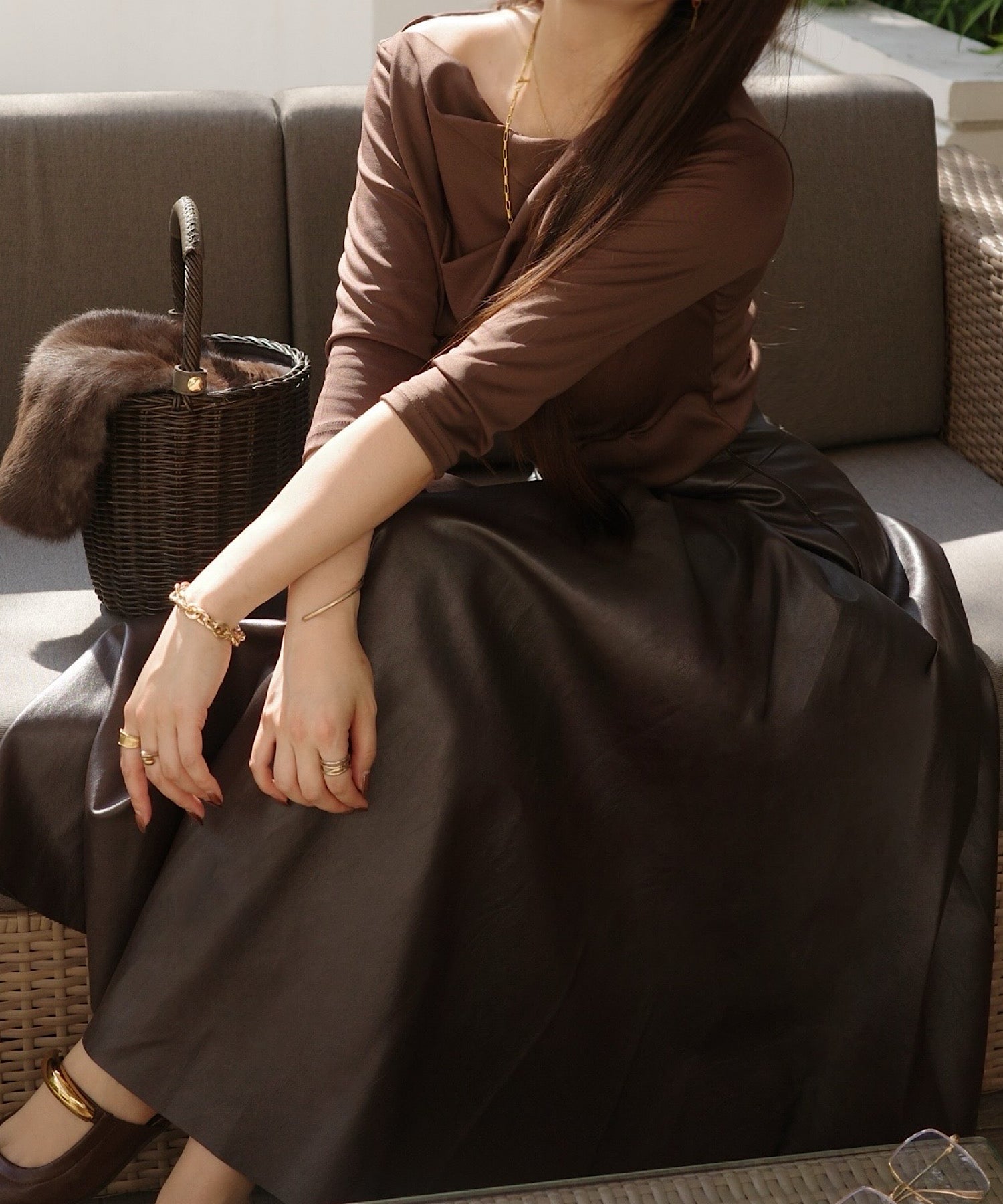 【一部通常販売】ヘップバーン エコレザーロングフレアスカート