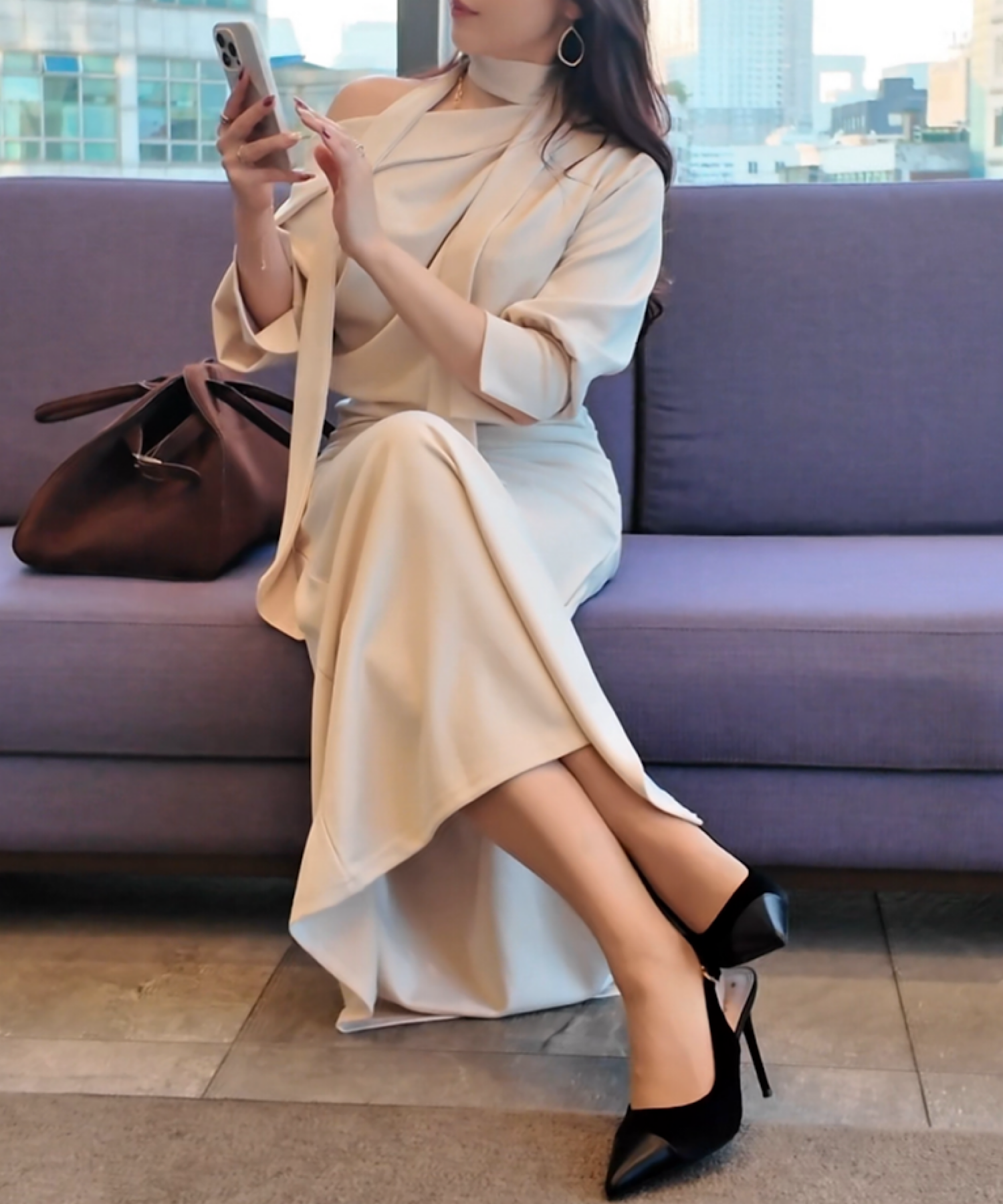 スカーフドレープワンピース/ Scarf Drape Dress – Graceful Off-Shoulder Silhouette