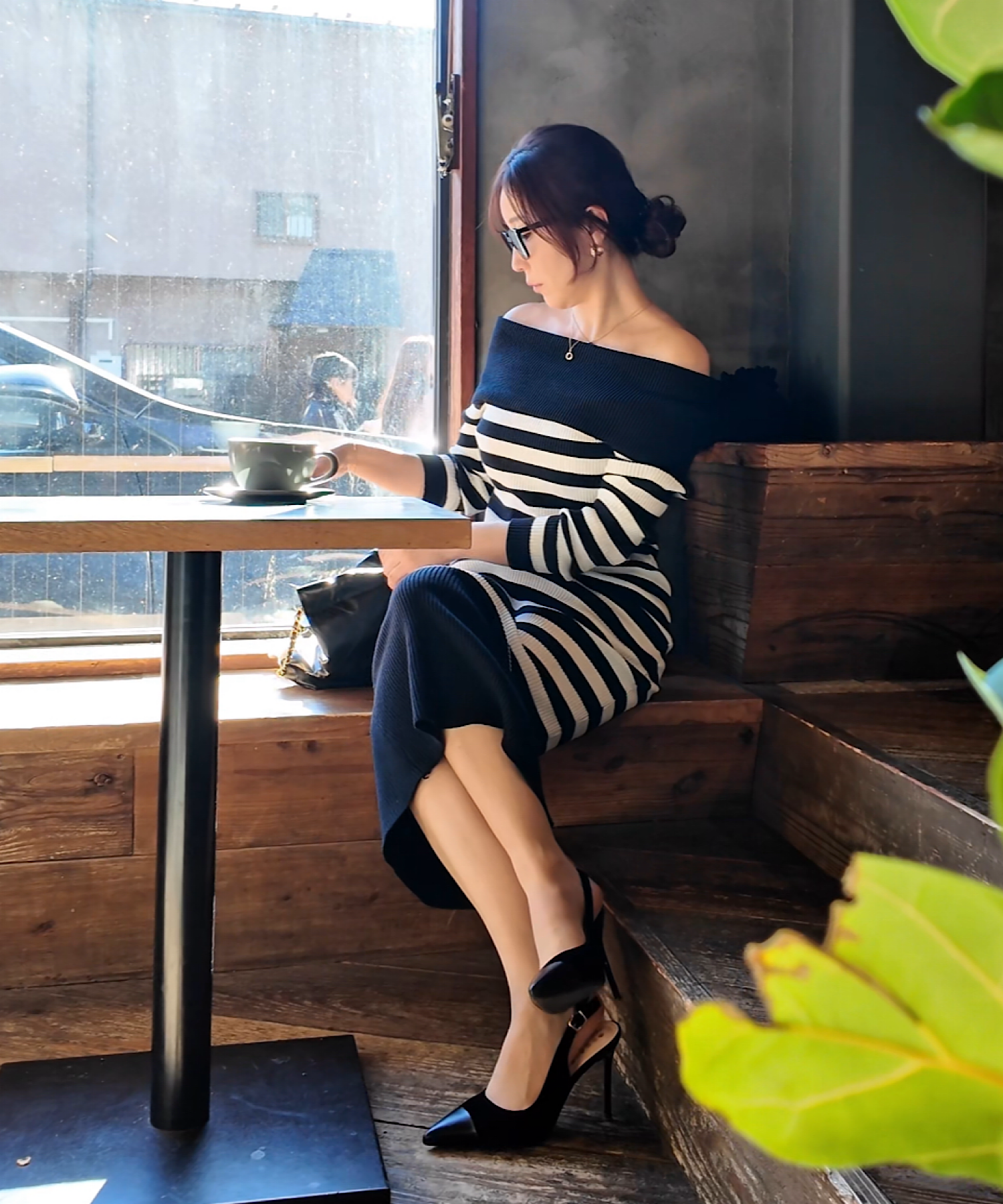 ボーダーオフショルダー ニットワンピース