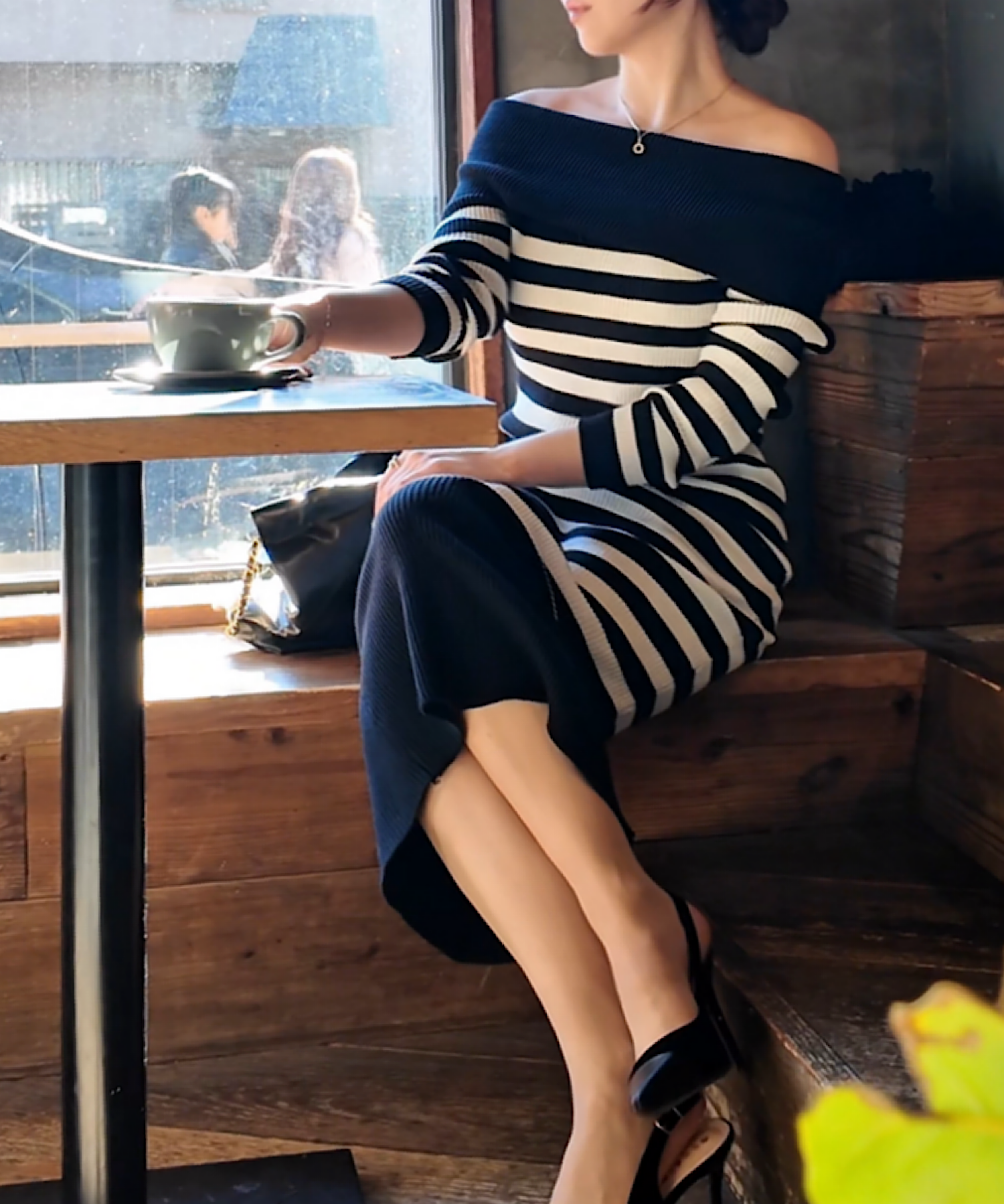 ボーダーオフショルダー ニットワンピース