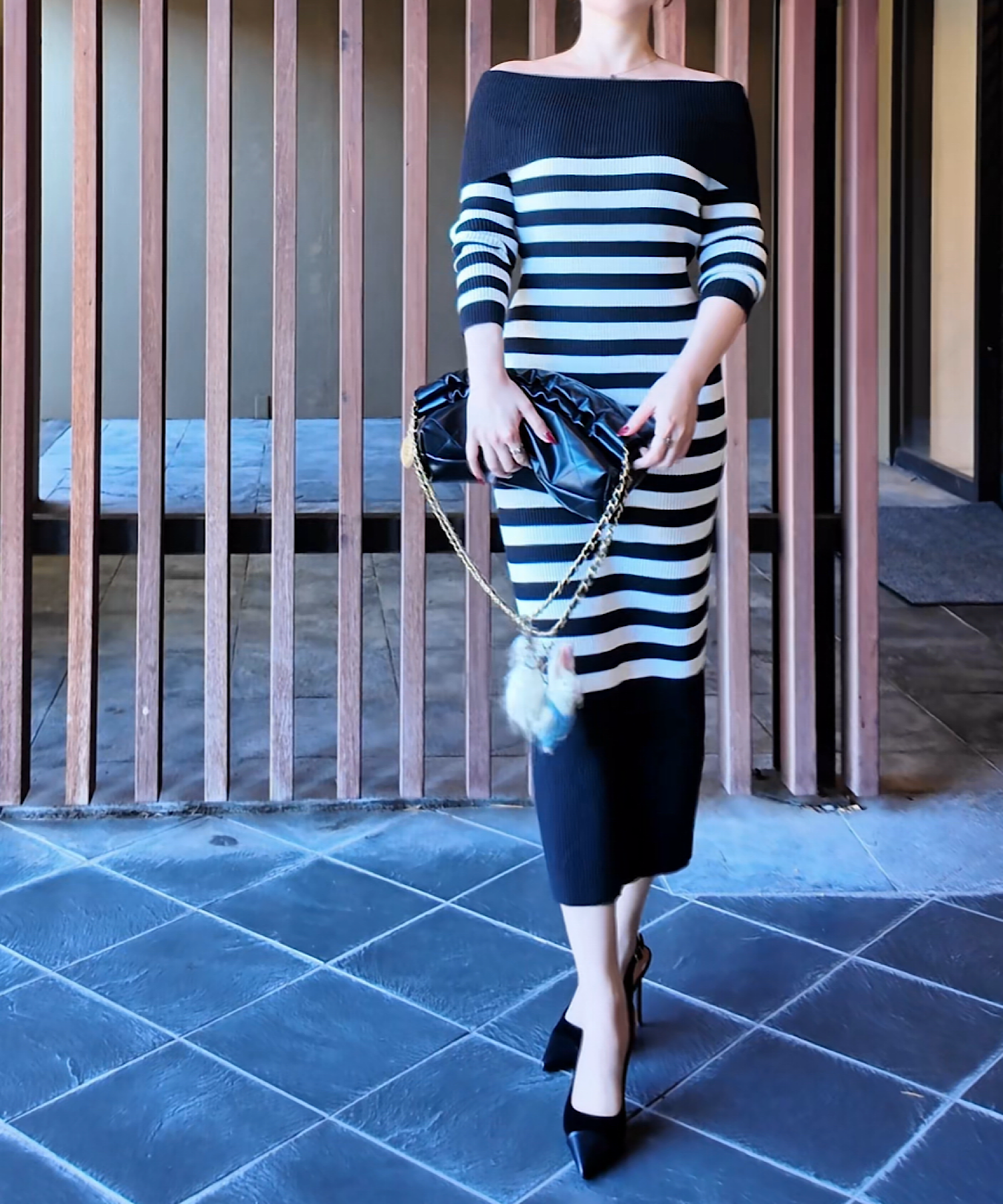 ボーダーオフショルダー ニットワンピース