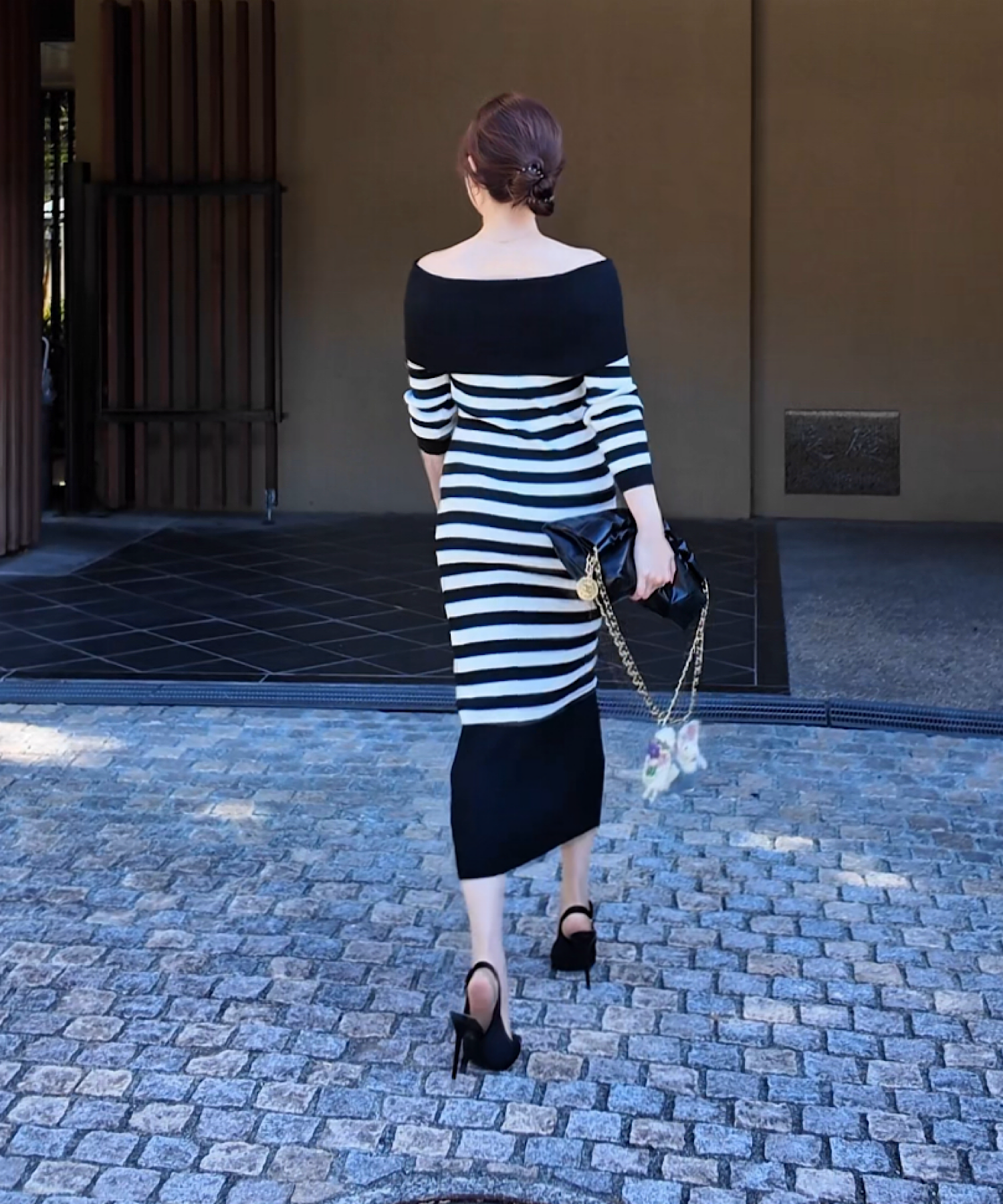 ボーダーオフショルダー ニットワンピース