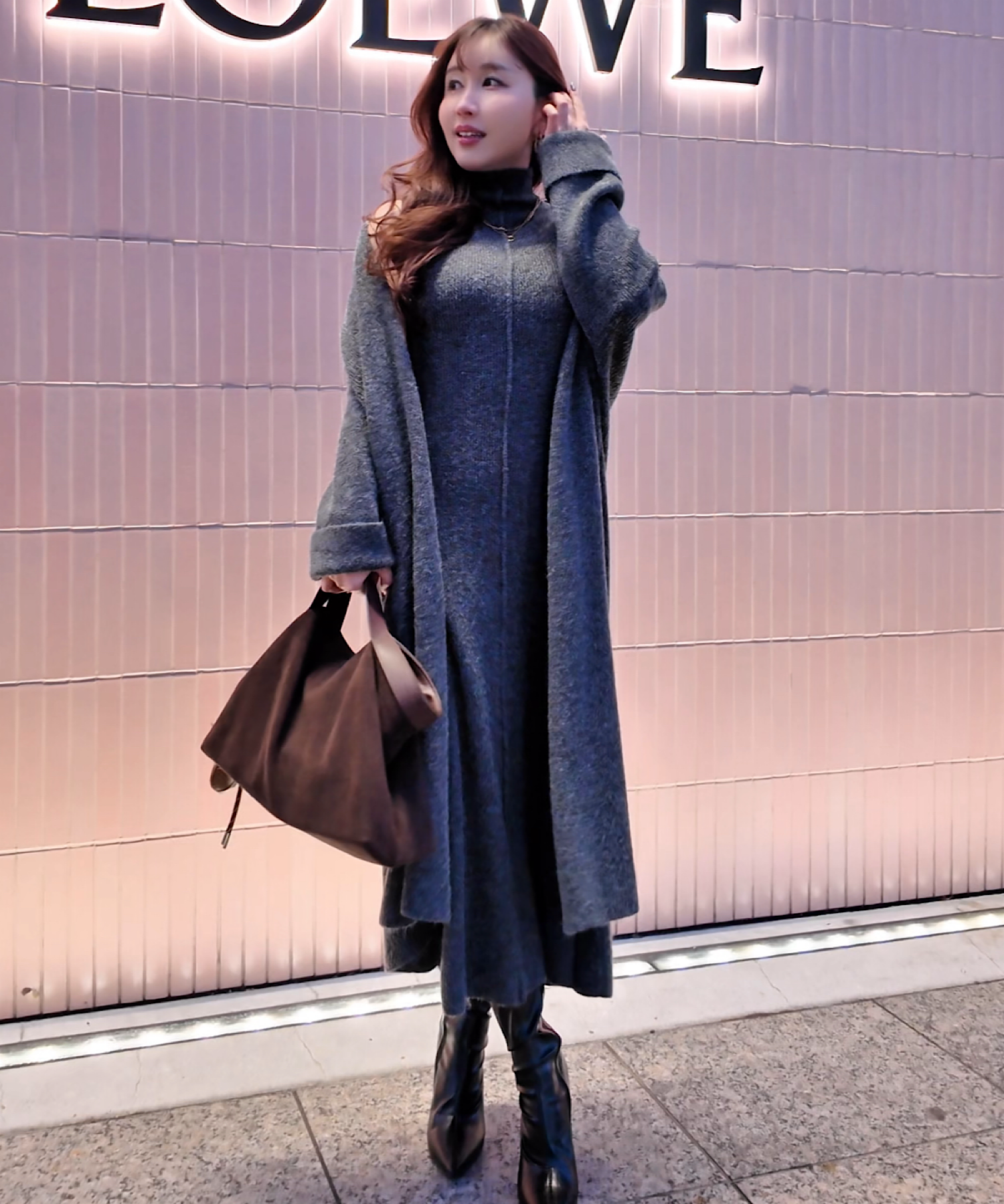 【再販ご予約承り中♪】ショルダースリット ハイネックワンピ&ロングカーデセット