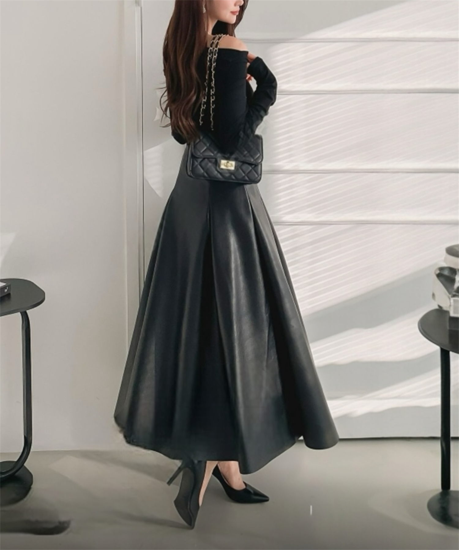 【一部通常販売】ヘップバーン エコレザーロングフレアスカート