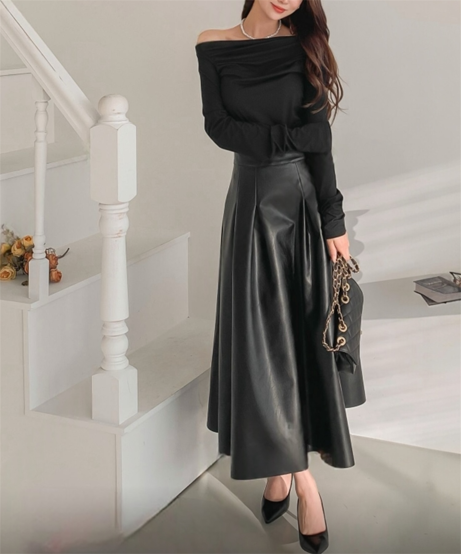 【一部通常販売】ヘップバーン エコレザーロングフレアスカート