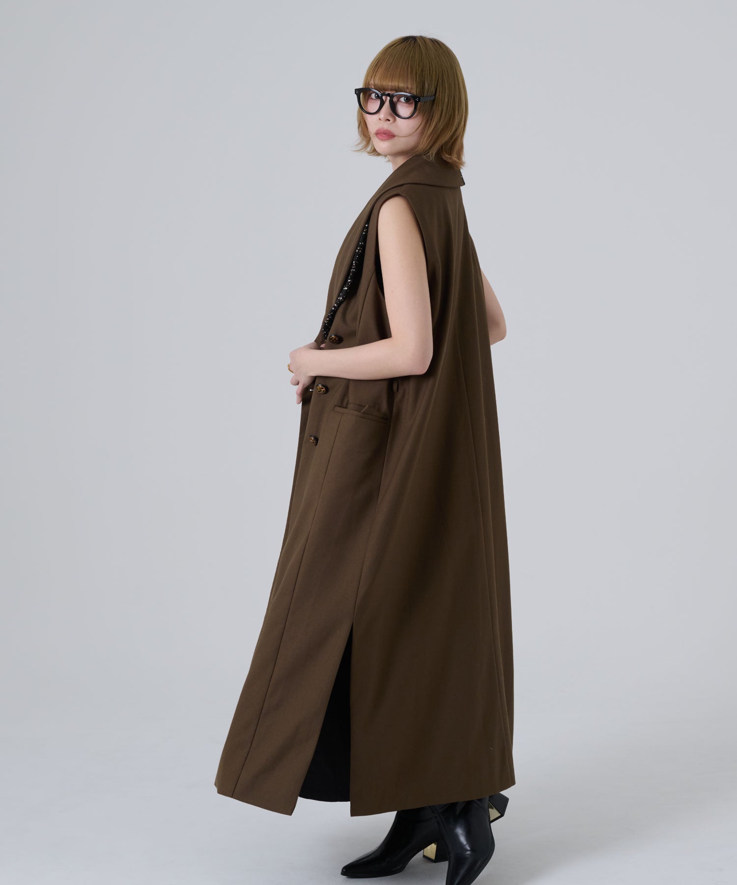 アシンメトリー ロングベスト(チェーンディテール)/Tweed Switching Vest