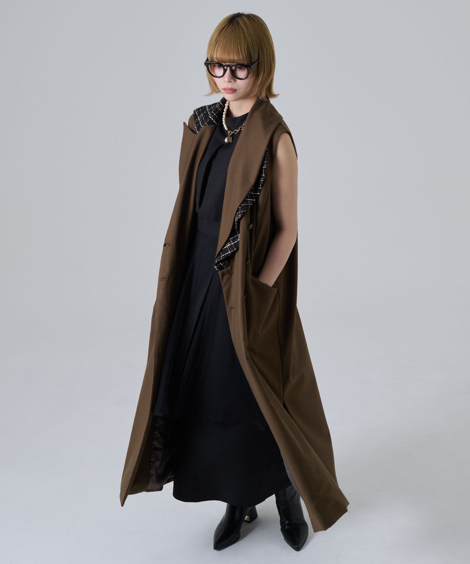 アシンメトリー ロングベスト(チェーンディテール)/Tweed Switching Vest