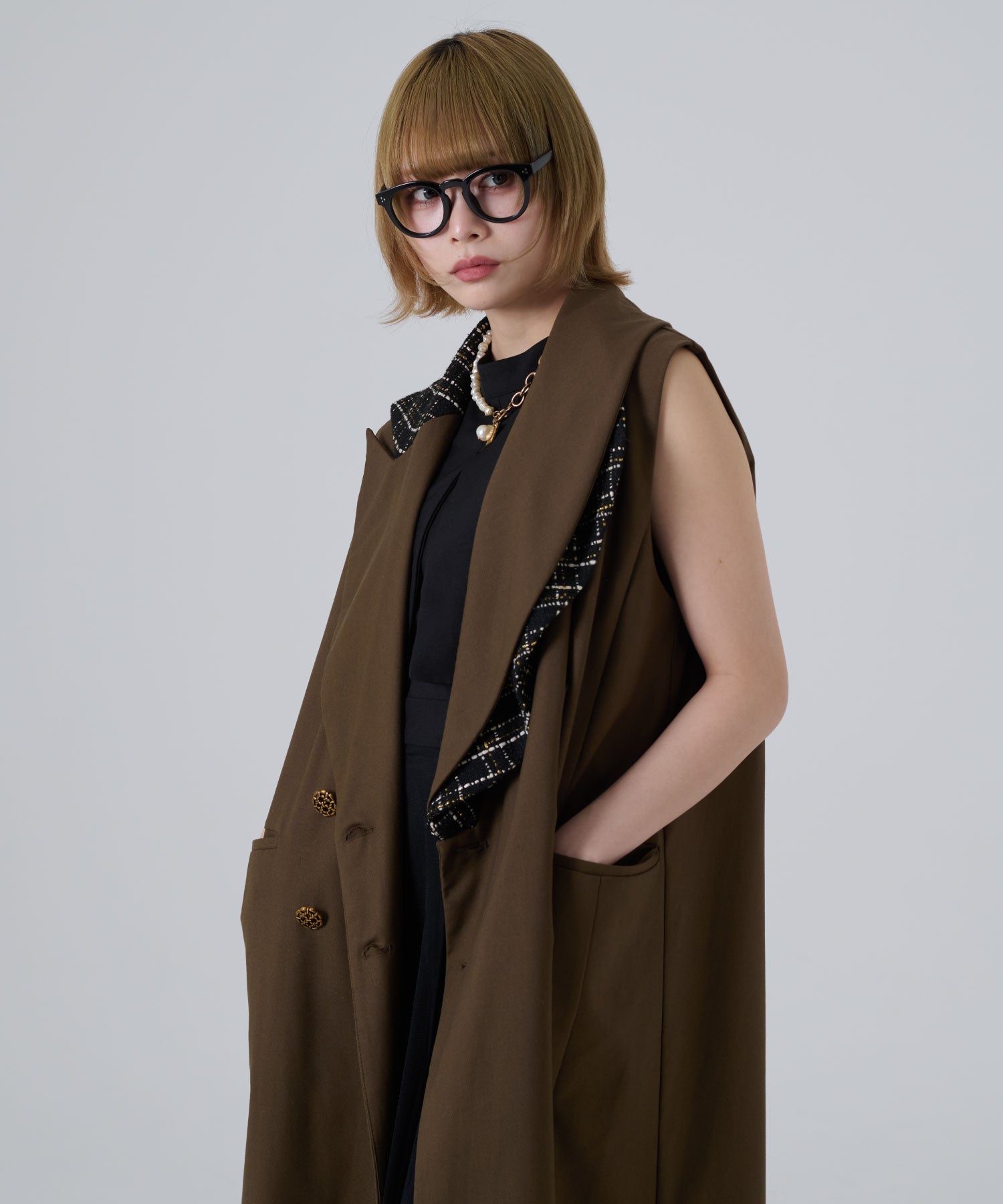 アシンメトリー ロングベスト(チェーンディテール)/Tweed Switching Vest