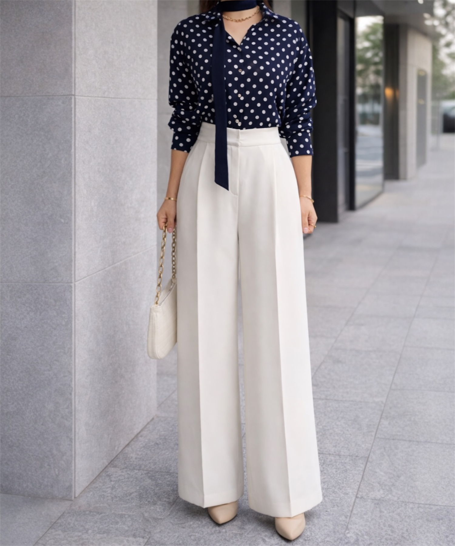 スカーフアクセント ドットブラウス