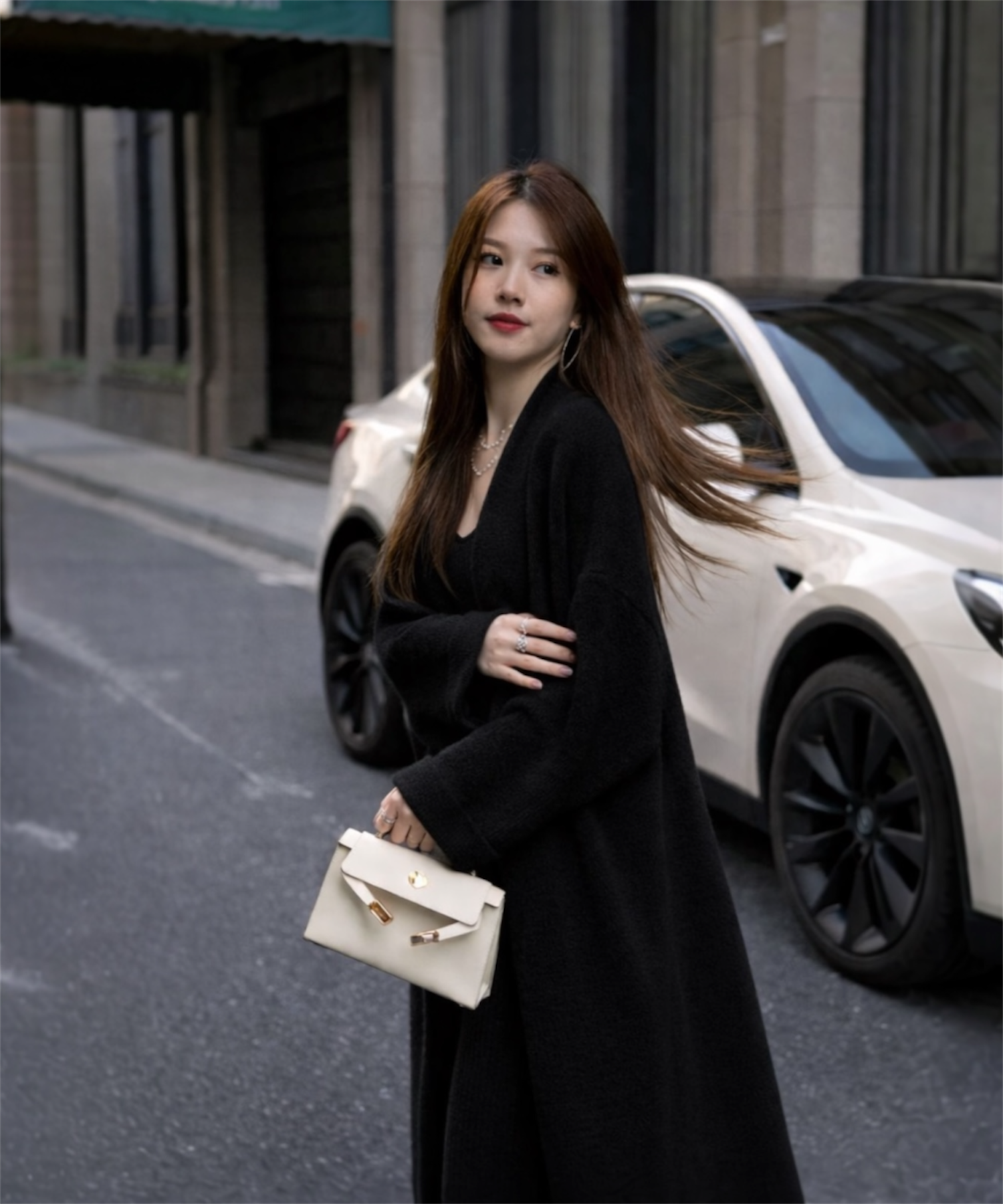 リブニットワンピース × ロングカーディガン セット