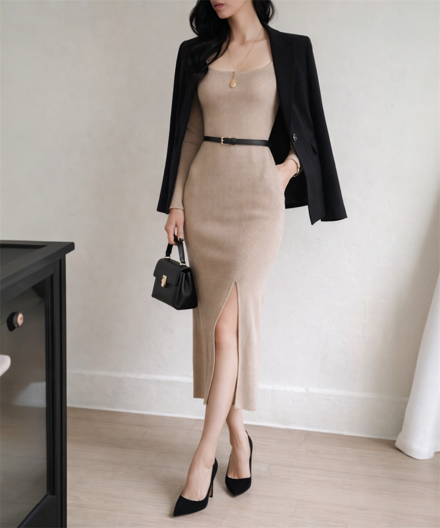 スクエアネック リブワンピース