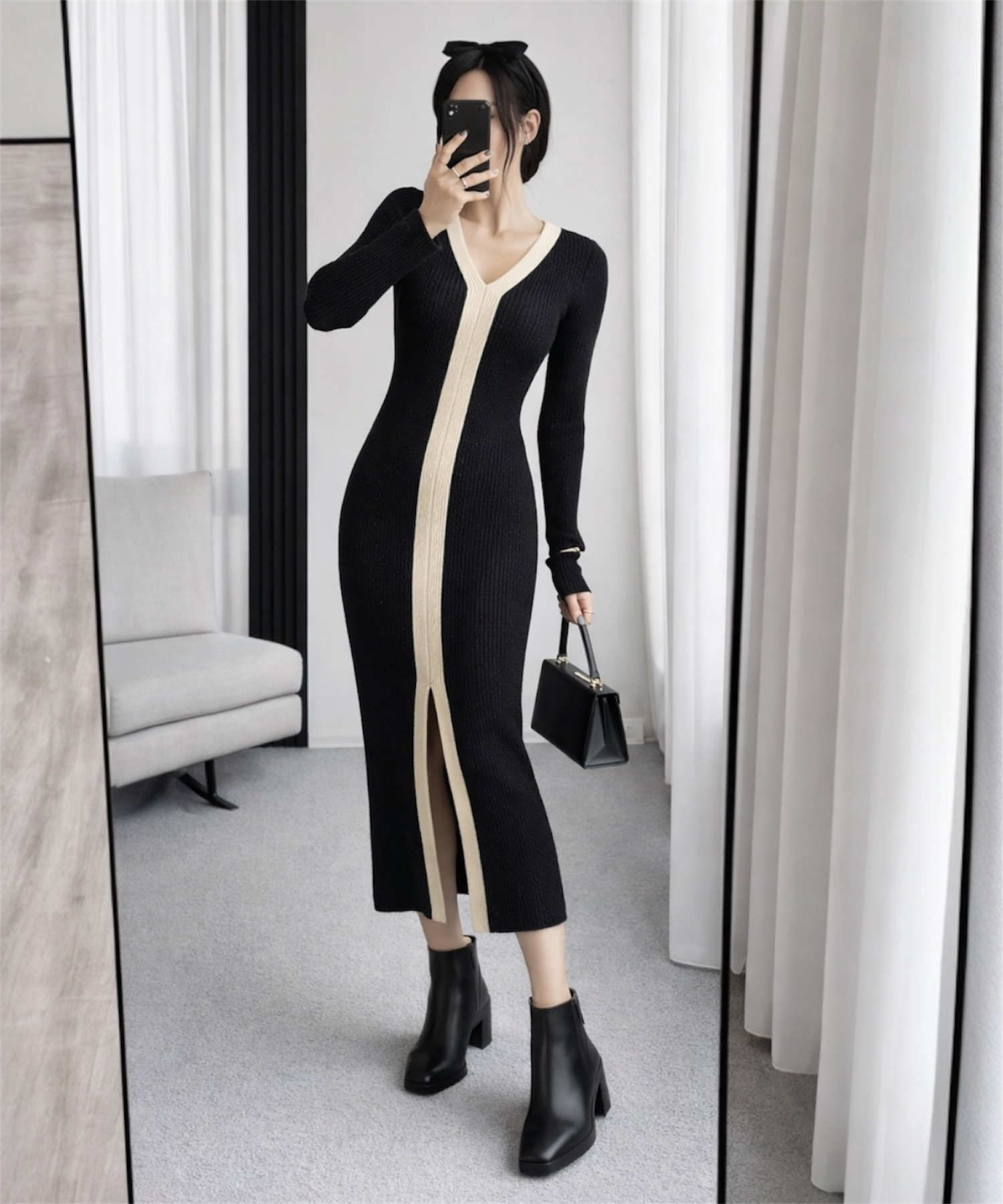 コントラストライン ロングニットワンピース